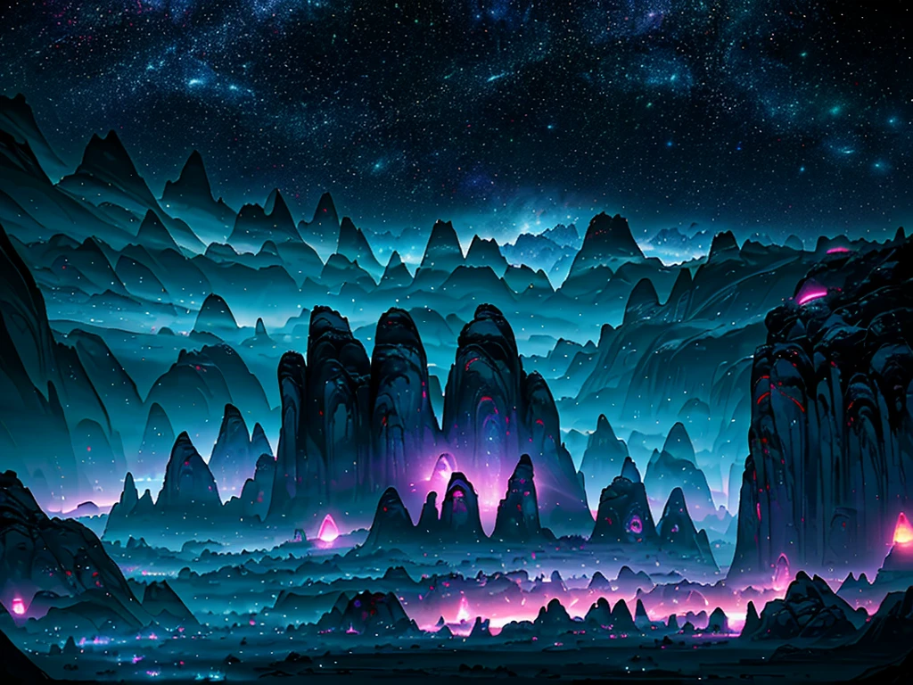 (bright colors, vibrant hues, glowing lights, sci-fi:1.1), detailed rocks and mountains, alien blue plants, strange and unique textures, surreal atmosphere, eerie glow, futuristic technology, mysterious celestial objects, starry sky, alliens animals, details, 