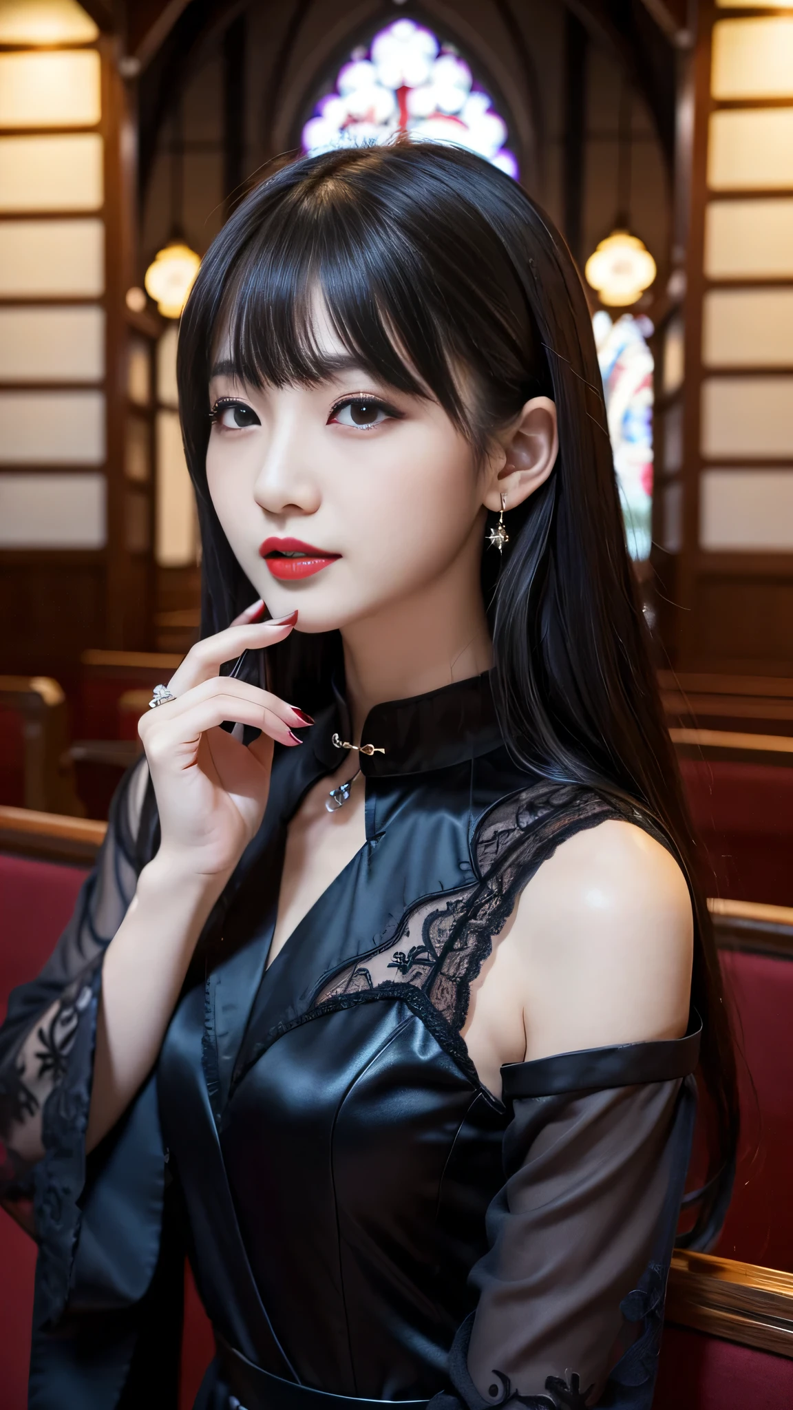 ltra-detailed、Japanese、attractive beauty、seductive adult woman、pretty woman、piercing eyes、cool girl、wavy hair、swept bangs、Long Black Cheongsam、wide sleeves、Evil cadres、evil depravity、brainwash、mind control、apply lipstick、smirk、evil look、evil、empty eyes、evil、church at night、vampire、vampire、succubus、Possessed and blackened、stick a needle in the neck