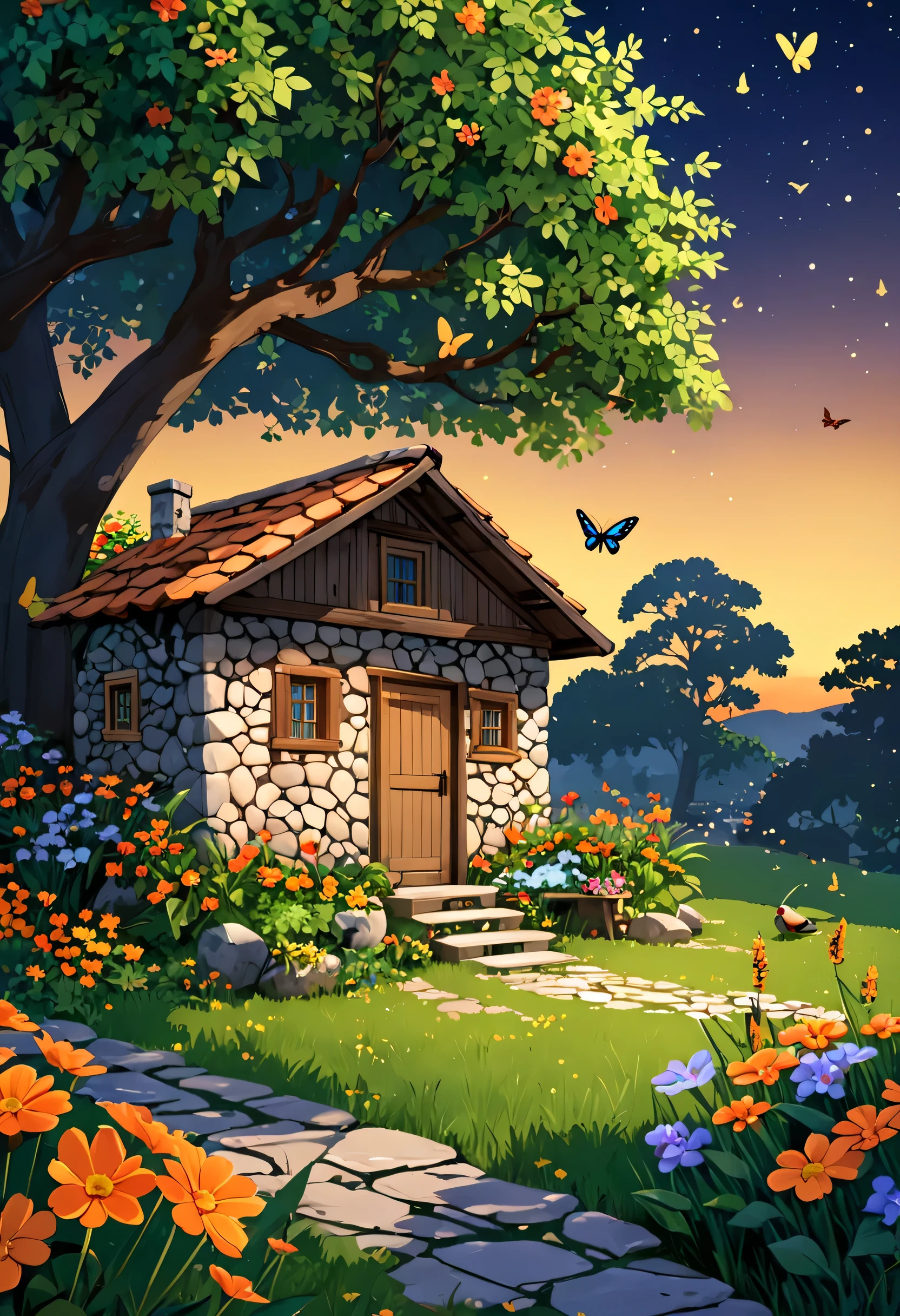 1 simple small two-room stone house for a humble poor person , antiga,no meio de um Jardim com flores de todas as cores ,Swiss style , arte de qualidade, 8k ,sozinha, ao anoitecer ,butterflies and birds octane , noite, sentado, tree