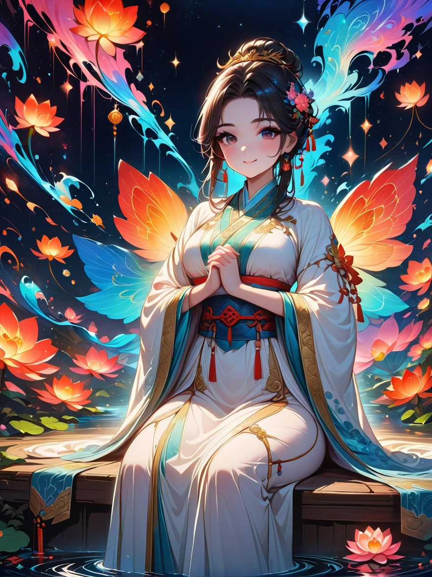 top quality，masterpiece：1.2，detailed details，Flashing Hanfu girl，beautiful young goddess，smile softly，She clasped her hands together，Prayer and meditation，She is wearing a white dress，Stars twinkling in the blue night sky，you sit on a lotus，In a fantastic atmosphere，Feel as if you are one with the universe，actual，neon lights，(Liquid light background)，(Cowboy shooting:1.9)，(ultra high definition, masterpiece, precise, anatomically correct, textured skin, Super details, high detail, Award-winning, best quality, 8K)