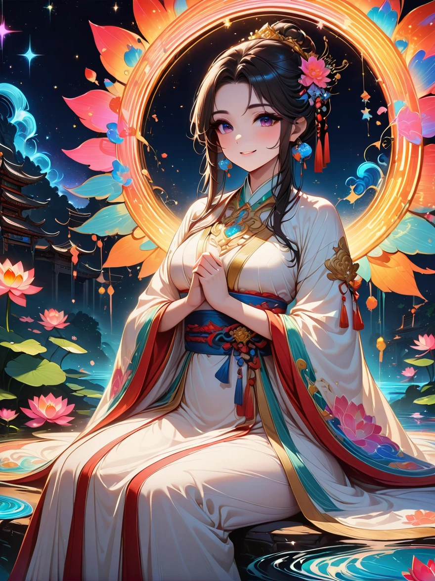 top quality，masterpiece：1.2，detailed details，Flashing Hanfu girl，beautiful young goddess，smile softly，She clasped her hands together，Prayer and meditation，She is wearing a white dress，Stars twinkling in the blue night sky，you sit on a lotus，In a fantastic atmosphere，Feel as if you are one with the universe，actual，neon lights，(Liquid light background)，(Cowboy shooting:1.9)，(ultra high definition, masterpiece, precise, anatomically correct, textured skin, Super details, high detail, Award-winning, best quality, 8K)