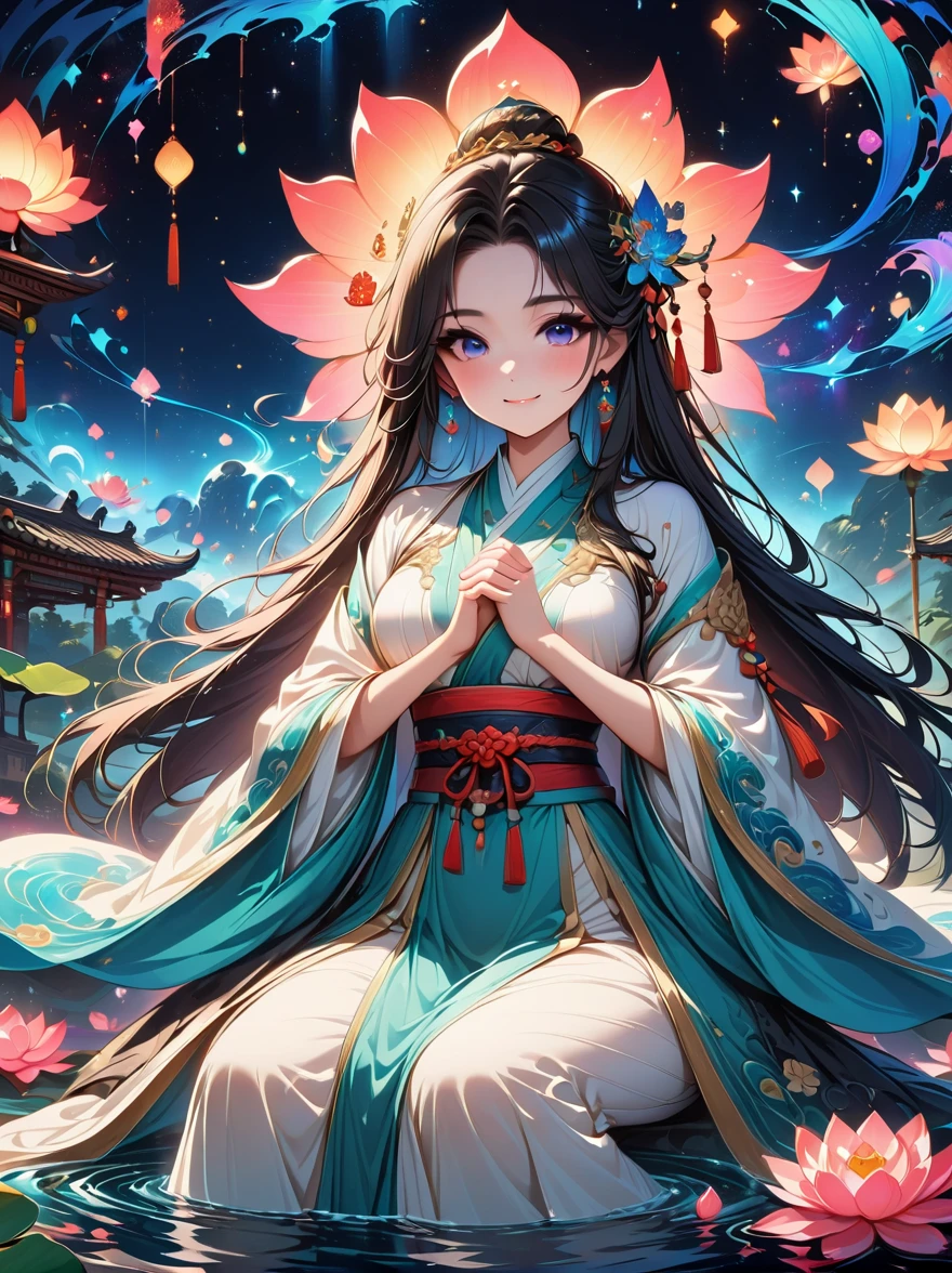 top quality，masterpiece：1.2，detailed details，Flashing Hanfu girl，beautiful young goddess，smile softly，She clasped her hands together，Prayer and meditation，She is wearing a white dress，Stars twinkling in the blue night sky，you sit on a lotus，In a fantastic atmosphere，Feel as if you are one with the universe，actual，neon lights，(Liquid light background)，(Cowboy shooting:1.9)，(ultra high definition, masterpiece, precise, anatomically correct, textured skin, Super details, high detail, Award-winning, best quality, 8K)