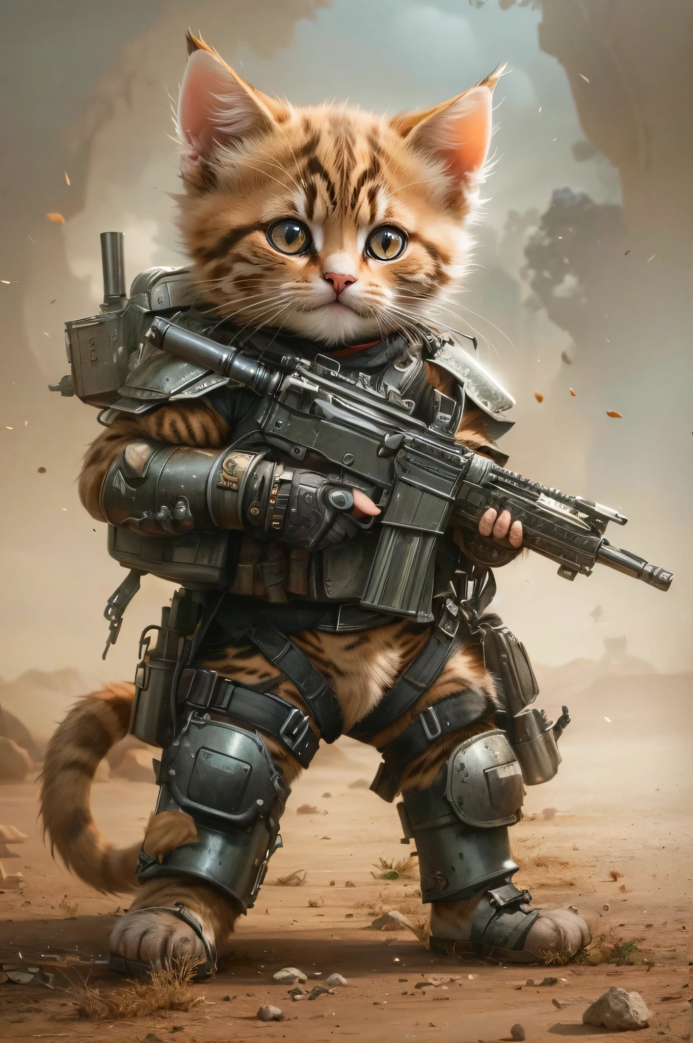 (best quality, ultra-detailed, 8k, uhd:1.2), A cute little kitten, dressed in armor, holding a machine gun in hand, realistic style, cute, minimalist background
