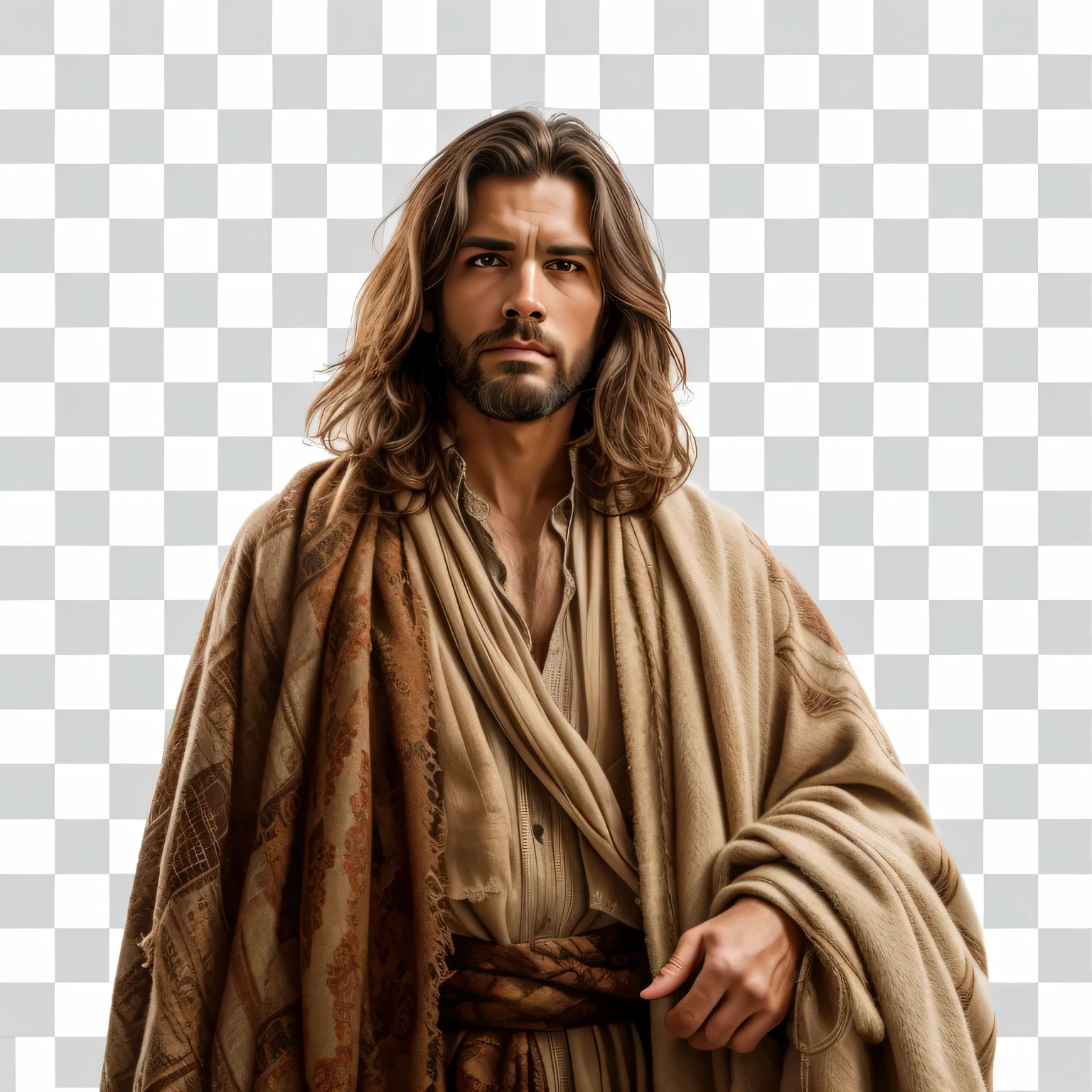 A professional photographic image of a handsome humble man, Wearing long clothes with lots of scarves and cloths, looking directly at the camera, The entire body, in a desert, highlighting his expressive and serious face, highly detailed, serious, dslr, canon, Pinterest, Art Station, Soft, Sharp Focus, 8K, Full Shot, 105mm Portrait Lens,