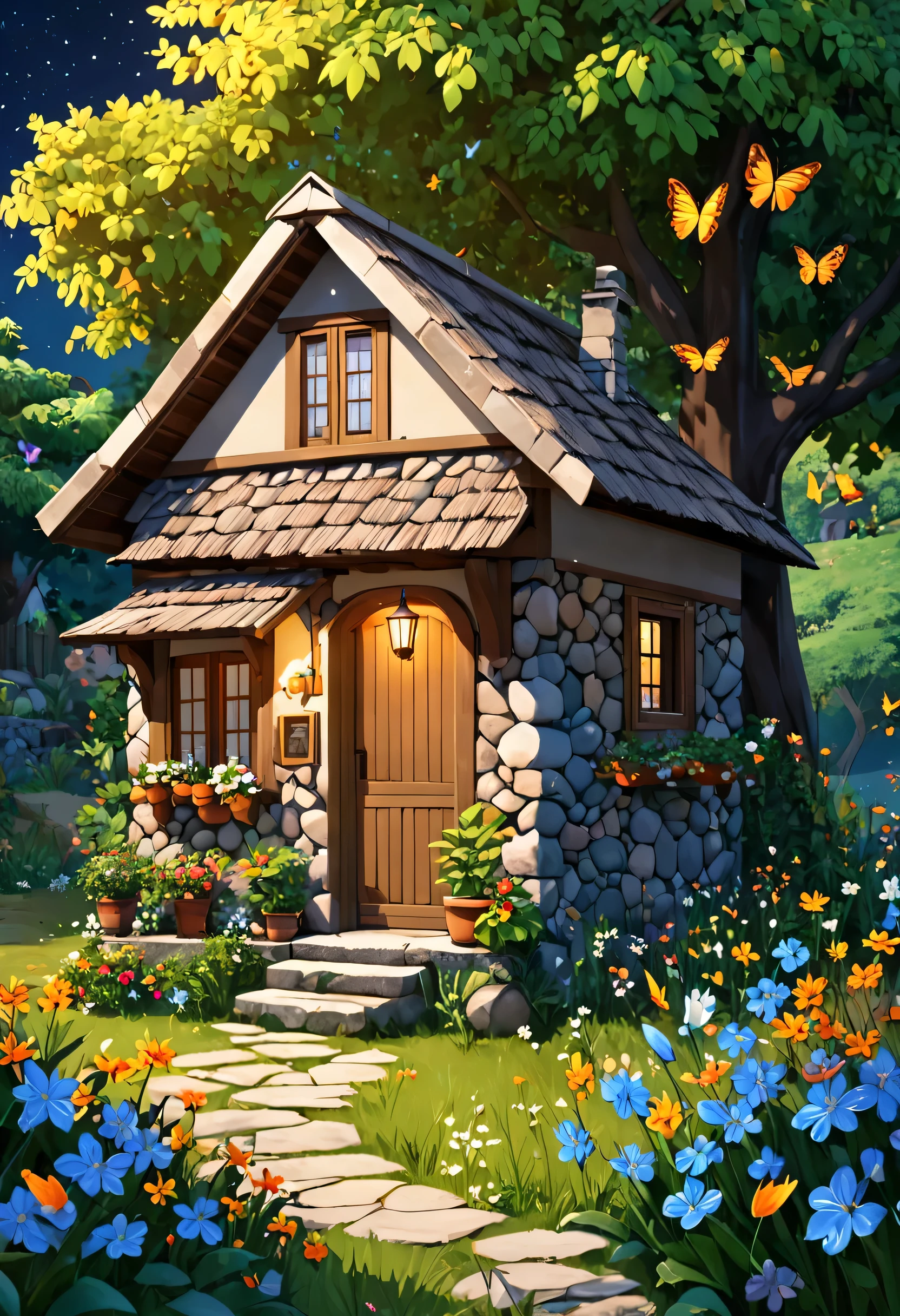 1 simple small two-room stone house for a humble poor person , antiga,no meio de um Jardim com flores de todas as cores ,Swiss style , arte de qualidade, 8k ,sozinha, ao anoitecer ,butterflies and birds octane , noite, sentado, tree, luzes acesas 