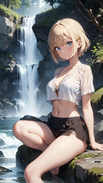 Image: A woman sitting on a rock in front of a waterfall, with breasts, short hair, bangs, blue eyes, blonde hair, wearing a shirt with a navel, cleavage, and collarbone exposed. This is a full-body image, set outdoors with the woman in Indian style sitting position. Her lips are parted, she is barefoot with wet, see-through clothing and no bra. There is moss around the area.

Descriptive keywords: Sensual, natural, serene.

Photographic style: Soft focus, emphasizing the woman's features and the natural surroundings.

Tone: Calm and contemplative.

Object: Woman.

Action: Sitting in a relaxed position, gazing at the waterfall in front of her.