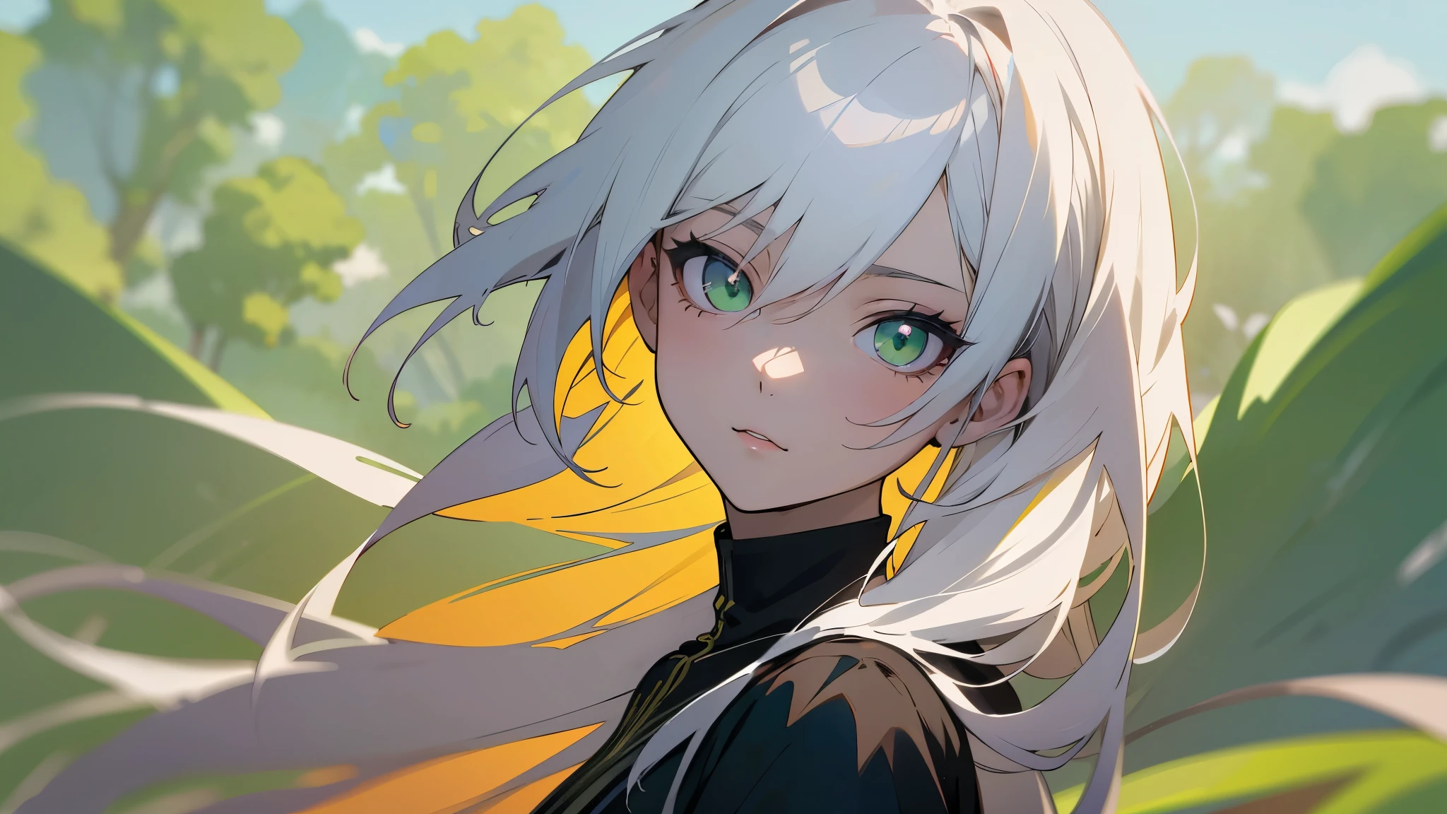 Anime girl with white hair and green eyes facing the camera , long hair straight no wind、Anime CG arte suave, anime style. 8k, Hecho con Anime Painter Studio, Retrato realista kawaii, Render de una linda chica de anime , Retrato suave colorido, Anime estilizado、(fondo cuidad en ruinas con mucha vegetacion salvaje), (Calidad de imagen superior), (Fondo de pantalla 8k unificado CG ultrafino), (colorido:1.2), Sharp focus (close up camera shot), flat chest, black clothes nier automata clothes a2 type of body small. very detailed lineart