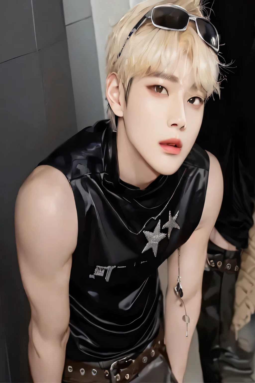 a close up of a person wearing a black shirt and sunglasses, Jinyoung Shin, Jung Jaehyun, Kim Doyoung, cai xukun, hyung tae, brilhante da chuva, adorable and pale korean face, Hong junho hyung, kpop idol portrait, taken at the beginning of 2020, taejune kim, Menacing look, de uniforme preto, estrela kpop coreana, BTS Kim Taehyung, Korean male face, k-pop boy, Korean boy