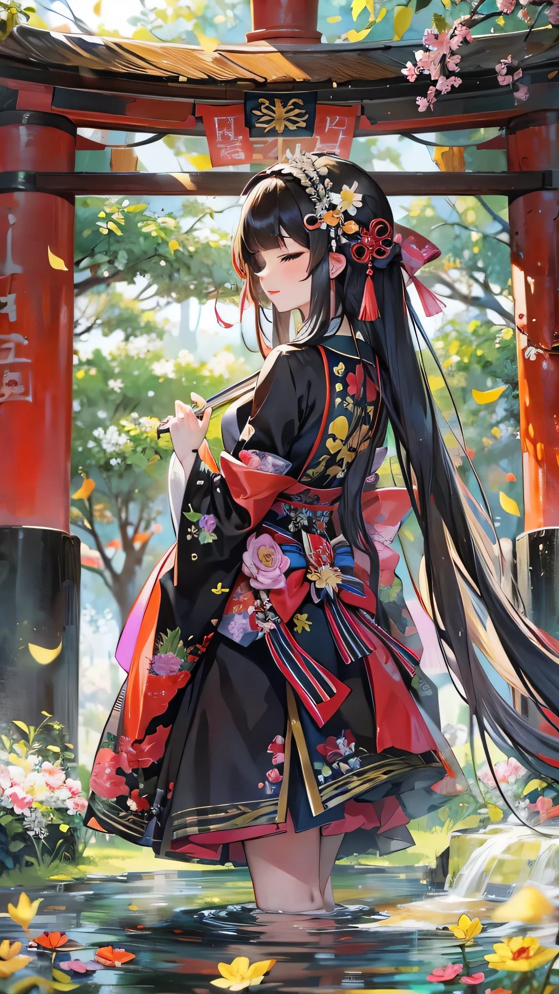 perfect anatomy, masterpiece:1.2, best quality, 8k, beautiful detailed grow, daydreaming expression, Dazaifu Tenmangu Shrine, A stream in a plum orchard, break, ((from behind)) solo:1.3 ((blunt bangs)) (black hair long hair immensely cute girl, , closed sexy eyes, lovely smile), in a Shrine maiden costume.