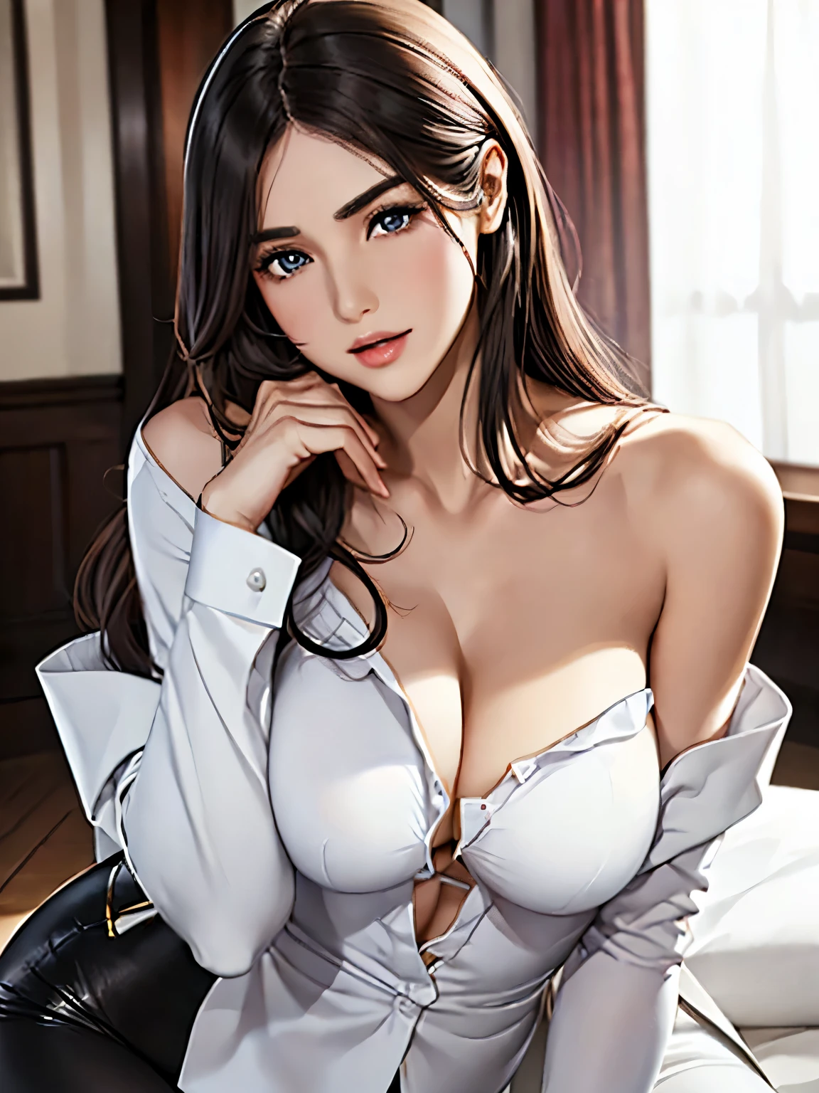 (highest quality,High Ray Nimalism Elegant White Shirt,slim black pants,Her tall figure and graceful curves,on the shoulder,slightly curled,long hair,emits a faint scent,Pretty face,bright and lively eyes,naturally thin eyebrows,rosy and sexy lips,round and smooth face,