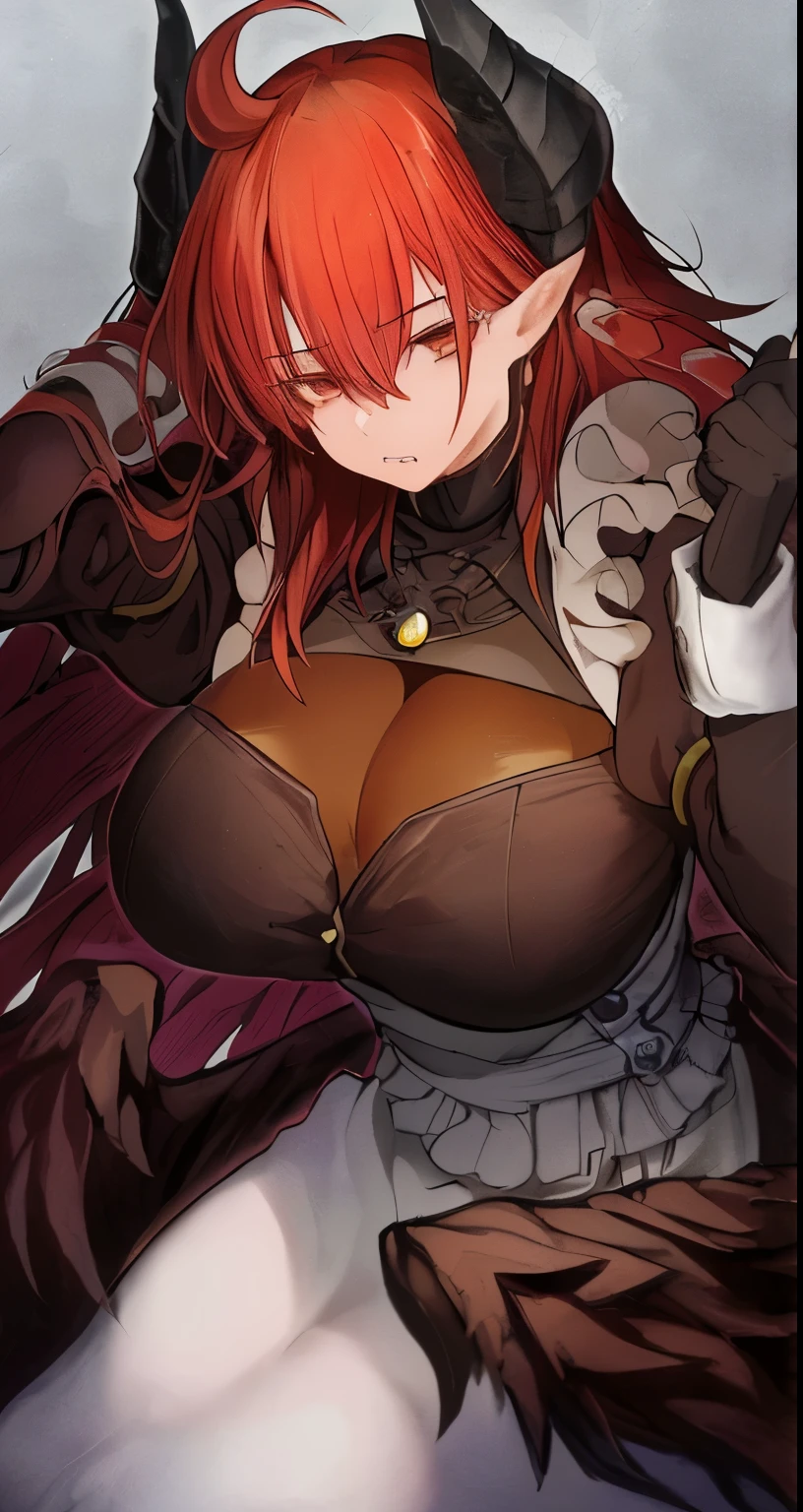 chica anime con pelo rojo y un sombrero sosteniendo un cuchillo, Rias Gremory, Detalles finos. chicas de primera linea, escamas que cubren su pecho, chica anime seductora, biomechanical oppai, from chicas de primera linea, escote, cushart krenz arte clave femenino, impacto de ayaka genshin, una mujer berserker muy hermosa, atuendo revelador