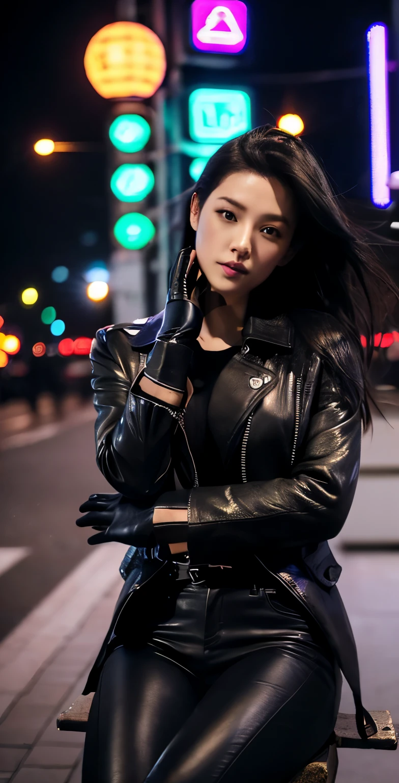 black leather rider jacket, office in the dark, Fingertips of black leather gloves on both hands,wearing black leather gloves,sitting in a black leather chair、 Japanese female new employee (black leather gloves cover both hands) (The angle is horizontal)、black leather leather pants,black leather black leather pants,black leather skinny pants、Long black leather boots on both feet、black hair ponytail ((He wears black leather gloves on his hands))full body photo,full body shot full body full body leather suit,☺If you turn in this direction。wearing black leather gloves,wearing black leather gloves,wearing black leather gloves,wearing black leather gloves,wearing black leather gloves,wearing black leather gloves,黒のレザーパンツが美しい😍黒のレザーパンツが美しい😍黒のレザーパンツが美しい,😍I'm smiling while looking at you,city lights、((neon cyberpunk city street:1.3))、(neon light)、detailed lighting、
best image quality、ultra high resolution、(realism:1.4)、korean beauty star、The most beautiful KPOP stars、face、horny korean makeup、A body that makes you want to touch it、realistic leather texture、Costume made of smooth leather fabric、The drape of the curved parts of the leather fabric、The costume has a strong shine、costume quality、8K photo quality