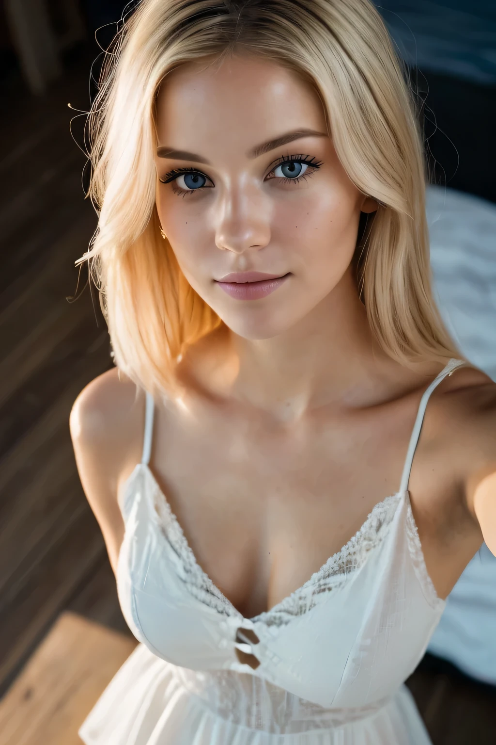 (selfie shot, from above: 1.4), (fully -body portrait: 1.4), 24-year-old blonde (hazel eyed woman) standing in her room RAW uhd portrait photo, natural naked breast_b, room background , (nude ), (crack), detailed (texture!, hair!, shine, color!!, flaws: 1.1), highly detailed glowing eyes, (looking at camera), specular light, dslr, extreme quality, sharp focus, sharp, dof, Film grain, (centered), Fujifilm XT3, crystal clear, center of frame, cute face, sharp focus, bokeh, (dark light), low key, night, (night sky ) detailed skin pores, complex eye details fully nude