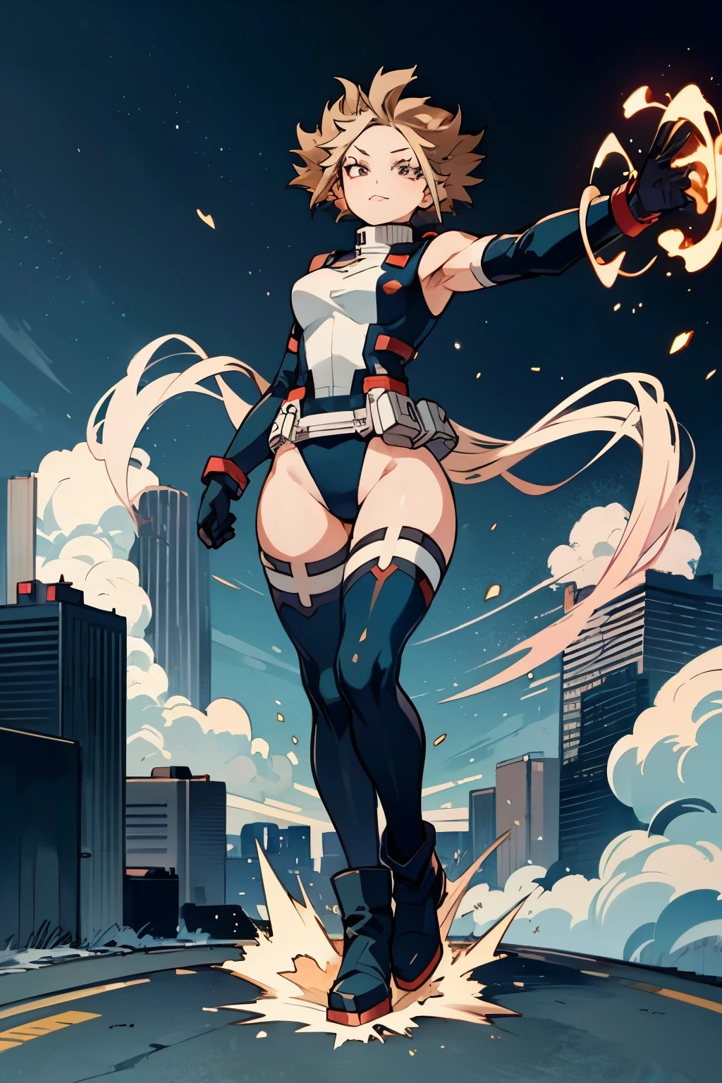 ((My Hero Academia Style)), 1girl, medium breasts, leotard, bare legs, tight belt, boots, matching boots, gloves, city backdrop, solo, single, ((full body shot:1.5)), superhero, beautiful detailed eyes, mature lady, star symbol on chest, brown hair, high leg leotard, spinning her body in rapid speed like a tornado, wind swirls, rapid gyration, girl tornado spinning girl, turning to a whirlwind, outstretched arms, standing, time warp, 