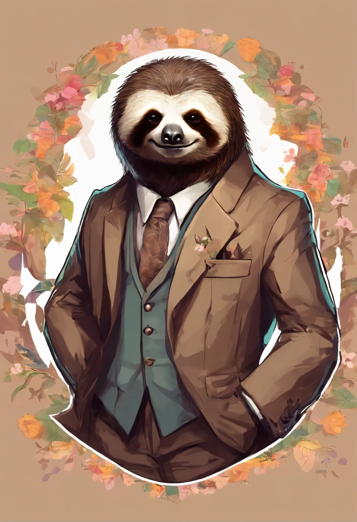 anthropomorphic sloth, de cuerpo entero, vestido formalmente con un blazer, sostiene una bandeja, pegatina de sloth, sticker de sloth