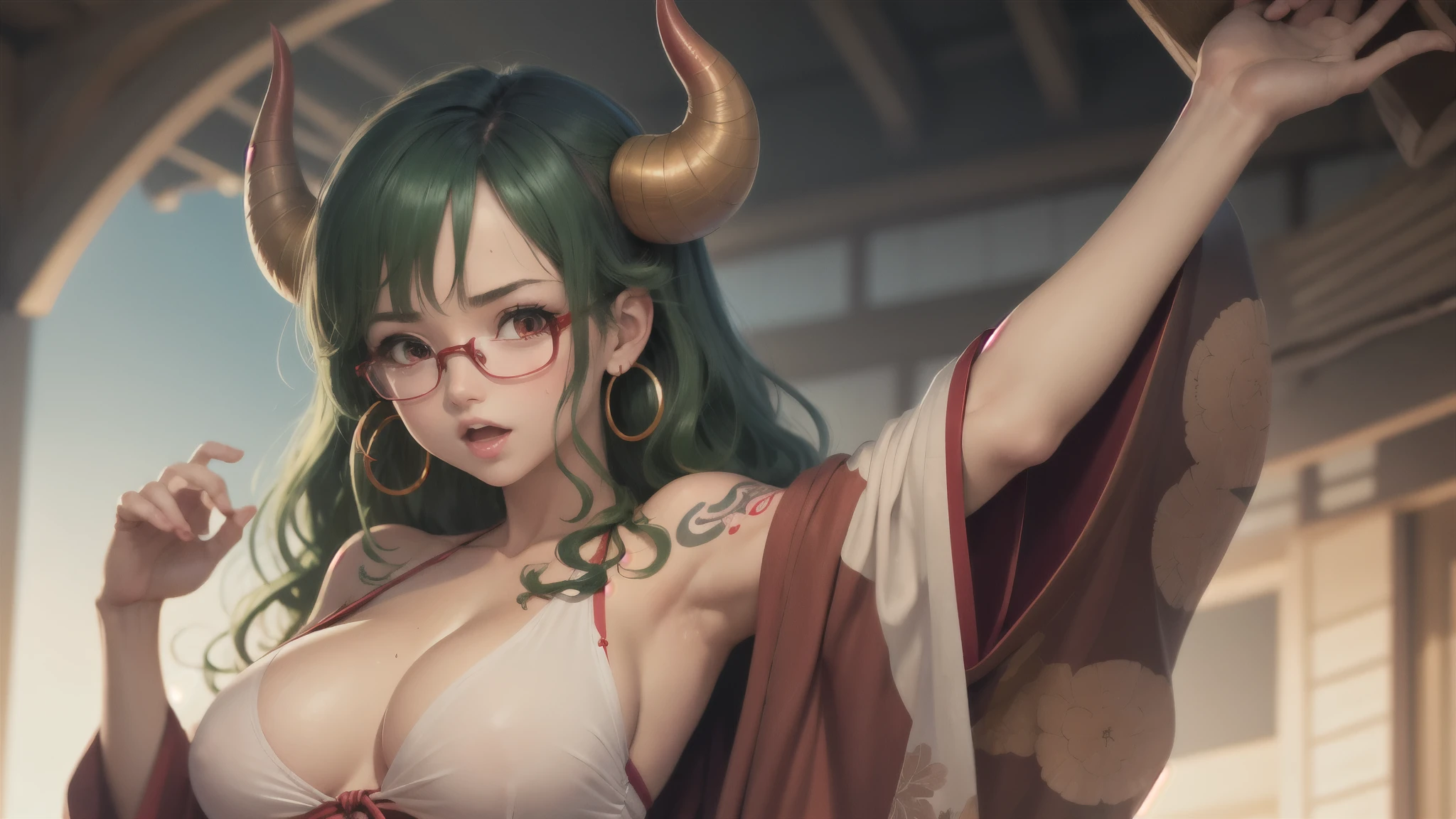 yamato\(one piece\),hair ornament,kimono,sweat,They,earrings,japanese clothes,1 girl,hoop earrings,Without sleeves,hair stick,multicolored hair,I&#39;m looking at the viewer,upper body,Red eyes,One,curled horns,horns,side tit,green hair,split,Without sleeves kimono,long hair,Jewelry,Big breasts,blush,red horns,clavicle,(open mouth:0.7),Soft lighting, hands up, armpits, tattoos, spectacled,
 yamatowanpi 