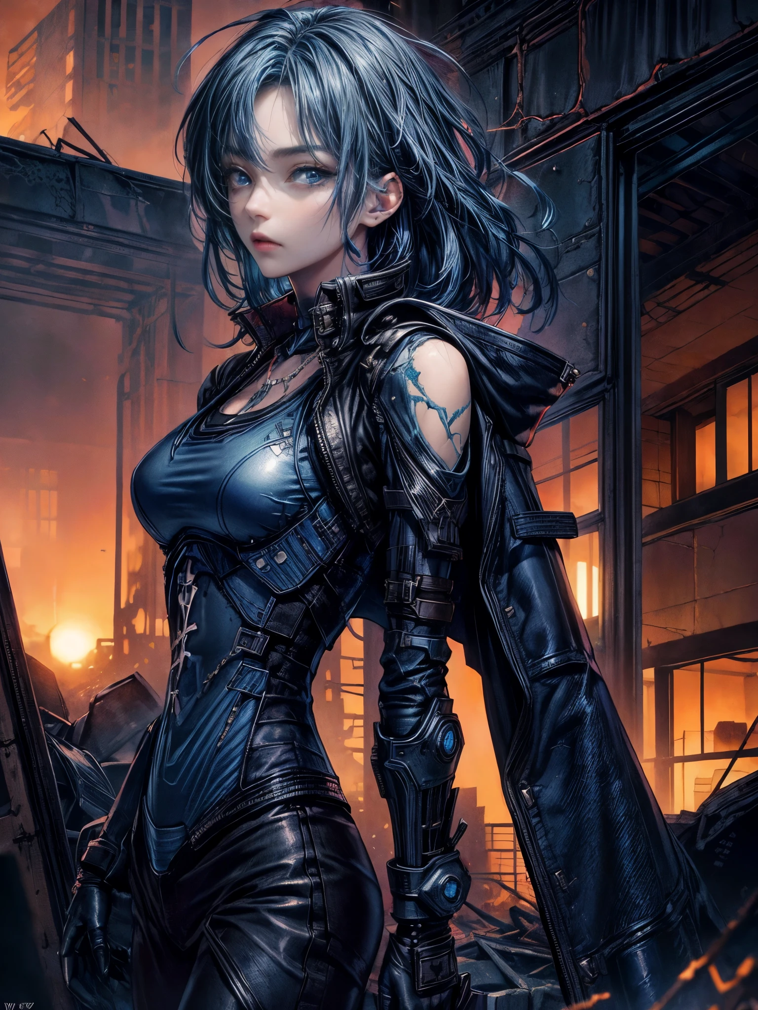 cinematic lighting、highest quality,cyberpunk world、1 female、(BLUE color theme:1.4)(20 year old beautiful woman、Detailed beautiful facial features、medium hair、blue hair、shoulder length hair、blue eyes:1.4)break,BREAK.mission style、
BREAK
(dark Blue stylish battlesuit:1.4) paired with (Black leather oversize jacket:1.2) and Accessorized with (Cross necklace:1.2), （damage to clothes、Scratches and blood on the face:1.2）
BREAK.（look back、beautiful back）(sunrise、Light of the sun:1.2)(crack、Inside the scattered building、cracked:1.4)