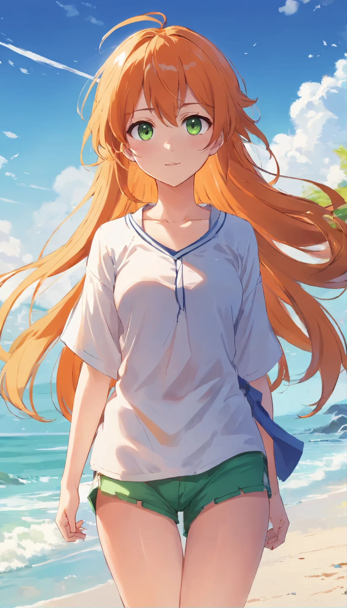 Anime girl with long orange hair, standing on the beach near the ocean, green eyes detailed digital anime art, anime girl with long hair, гладкое аниме cg art, anime girl with long hair, digital anime art, work in Guweiz style, Beautiful anime portrait, Photorealistic render of an anime girl, Beautiful anime girl, advanced digital anime art, guweiz на artstation pixiv HD UHD HQ