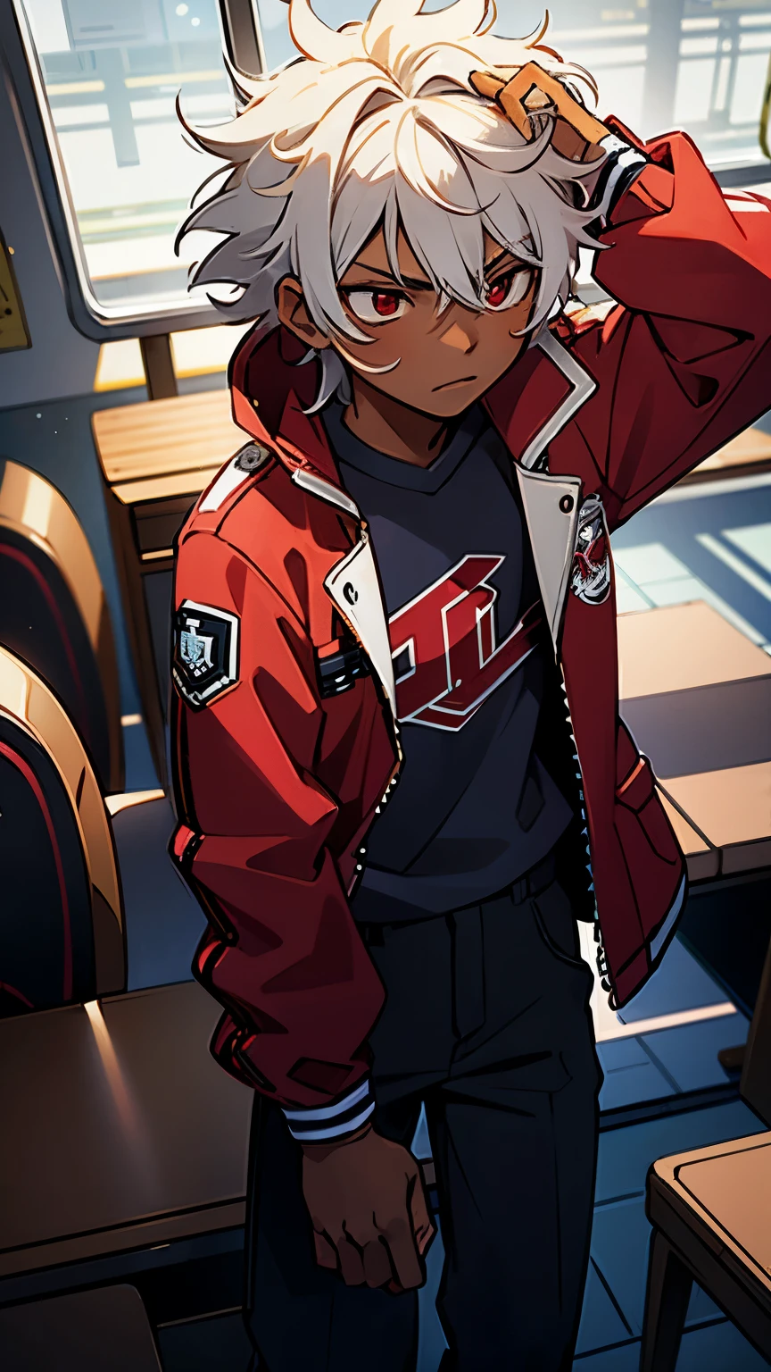 Boy, teen, dark skin, white hair hair, red eyes, messy hair, red jacket, black pants, sleepy face
