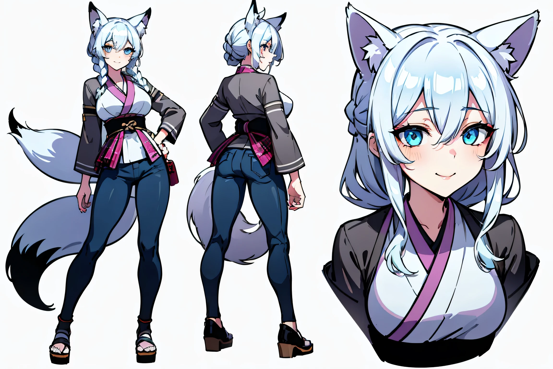  Hints Copy hints highest quality, Detailed face, Character Sheet,(((Young woman:1.5))), ((whole body:1.2)), Full of details, Multiple postures and facial expressions, very detailed, Depth, ung woman, without bangs, (sky long hair, grey sexy eyes, Straight hair, Japanese kimono, Leather Jacket looks, medium breasts, High neckline, strap, Suspense, Skinny black jeans, White running shoes, Rocker style, sexy smile and pose,Discolored skin, （Two-dimensional art style），full-body view，full-shot，up front view，posterior view，girl，Character design，character  design，Three views of peopl，Blue and white plaid skirt dress，ice blue hair，With simple braids，Cute cheerful，The smile is bright，Blue eyes，Intense highlights，clear silhouette，True human proportions，Sharp shadows，8K，high high quality，Plain white background，（cellshading）, Giant breast, normal diagram，Fine fingers（detail fingers），Very cute Q version girl with fox ears，Has furry earlat-chested ，White hair，Light blue pupils, two tails, 