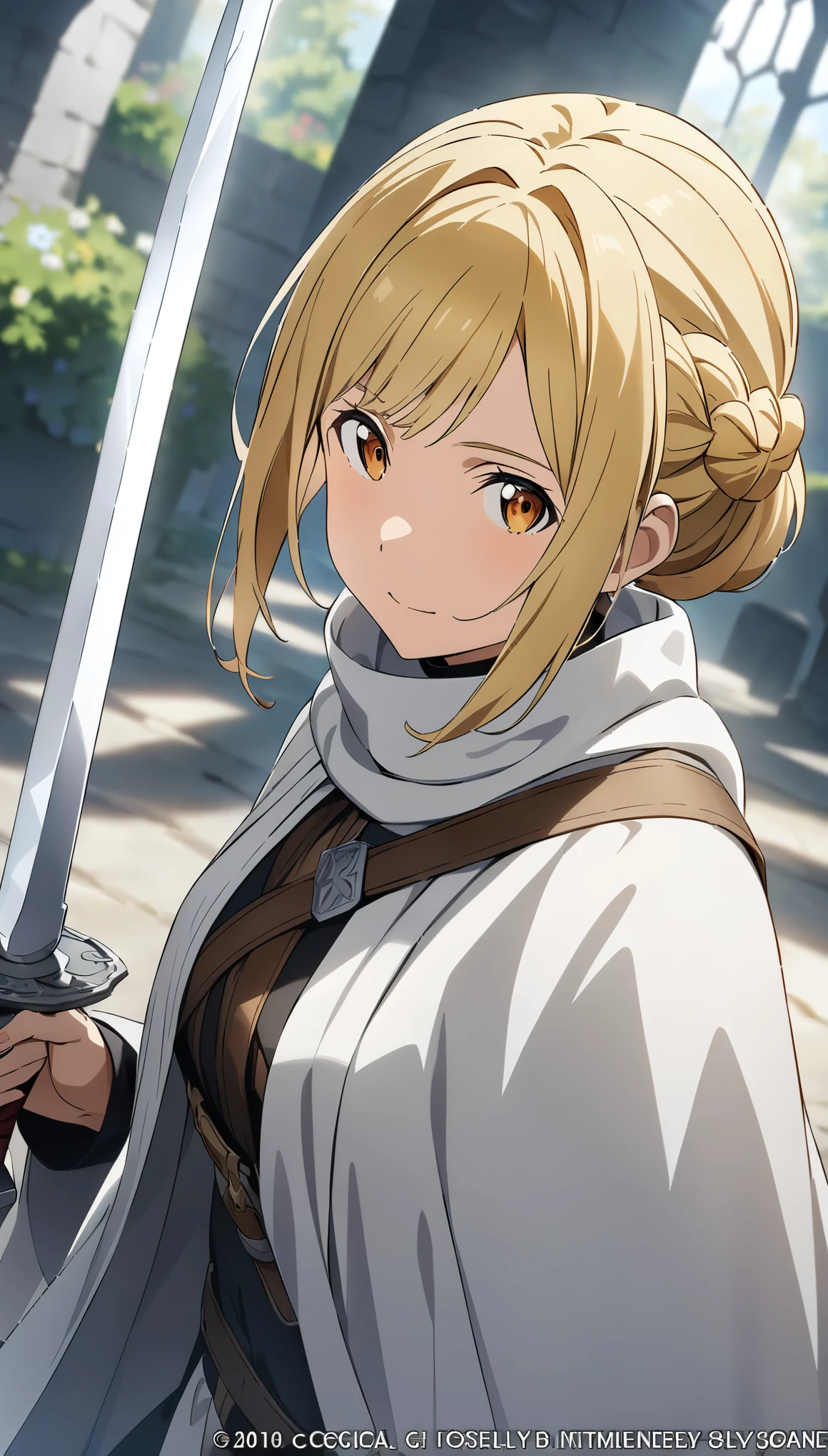 one woman、Also々new look、Alsoとした表情、cold look、medieval monk、pure white battle uniform、blonde、french braid、have a sword、white cloak、Sword Art Online、(masterpiece, highest quality, highest quality, official art, beautiful and aesthetic:1.2)