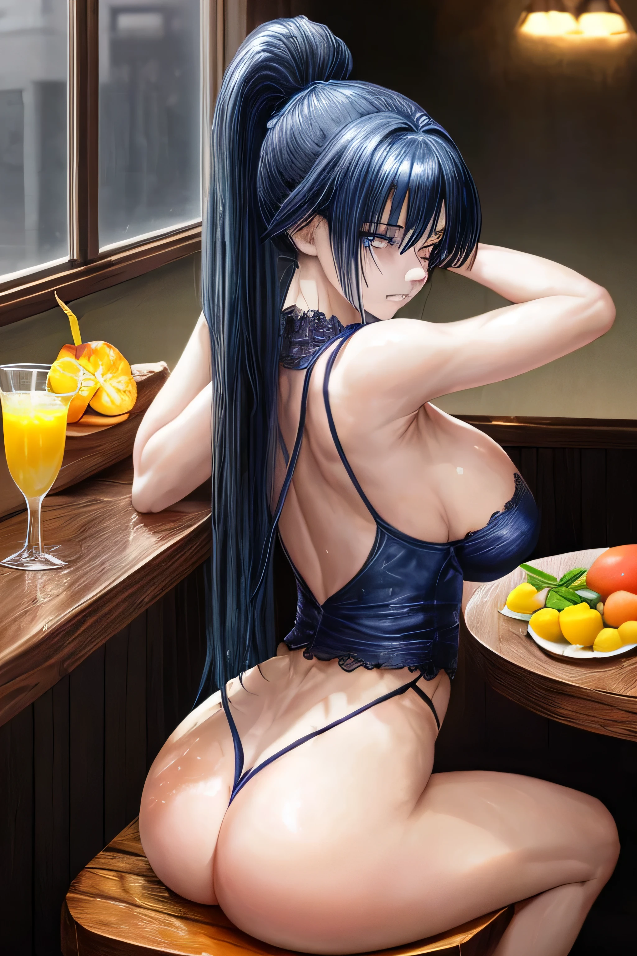 High resolution, high quality, 1 girl, anime girl, dark blue hair,ponytail,long hair,dull bangs, dark blue eyes,closed one eye,clenched teeth,[[pale skin]],Glossy skin, big breasts,beautiful breasts,(big ass),beautiful butt,pink high leg water wear,sitting,arm behind head,(lemon juice),(orange juice),(mango juice),(water),at the cafe,