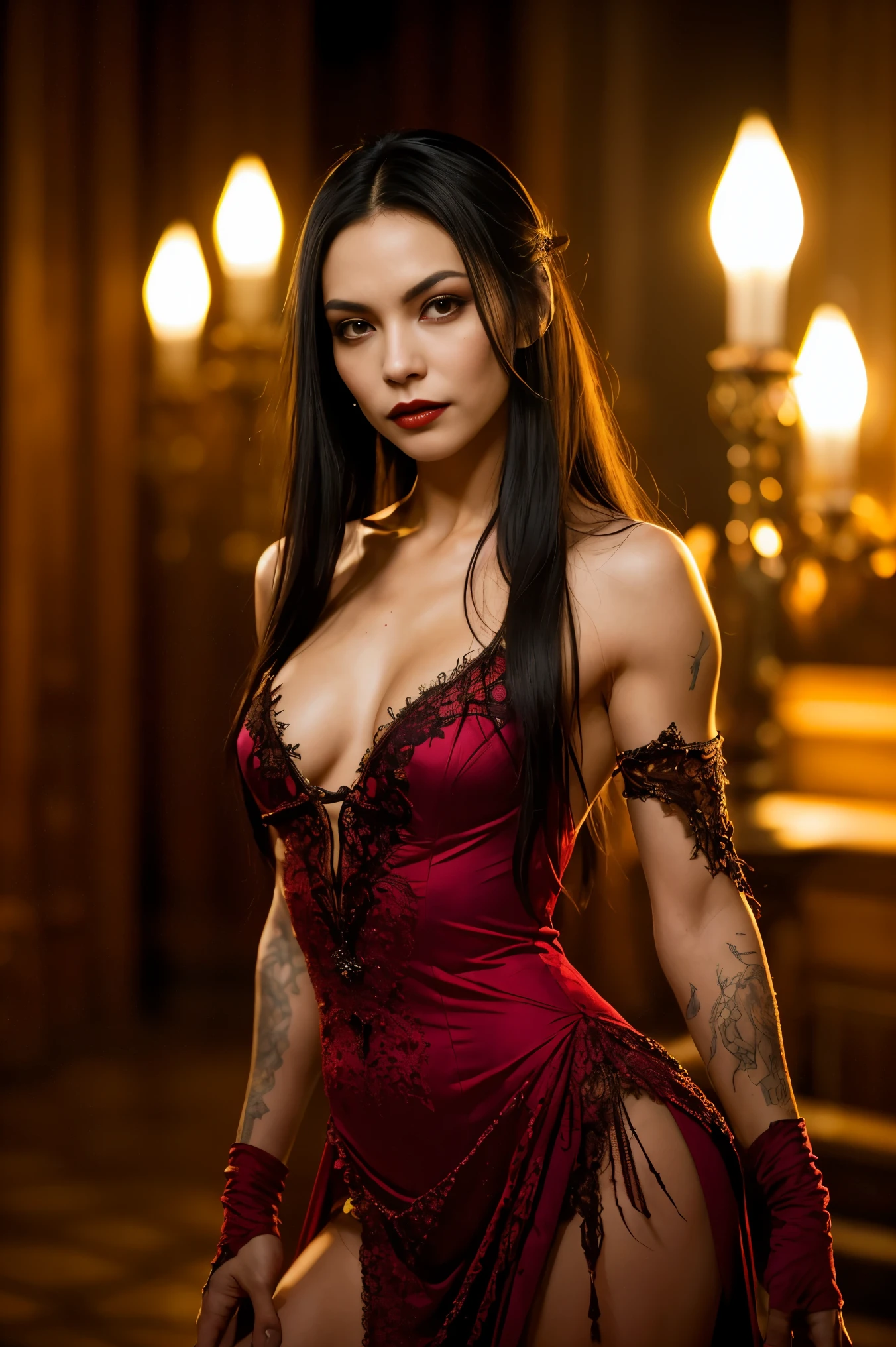 Priscilla is a beautiful female vampire, rVen-black hair, in the style of Boris Vallejo, high detail plunging vampire dress, high detail face, high detail skin, mature athletic body, perfect proportions, Heavy Metal aesthetic, dark vampire castle interior background, high quality, masterpiece, realistic photo, intricately detailed, 8k, HDR, shallow depth of field, wide light, high contrast, backlight, light flares, sharp focus, RAW color photo, looking at the camera, cool colors, various poses