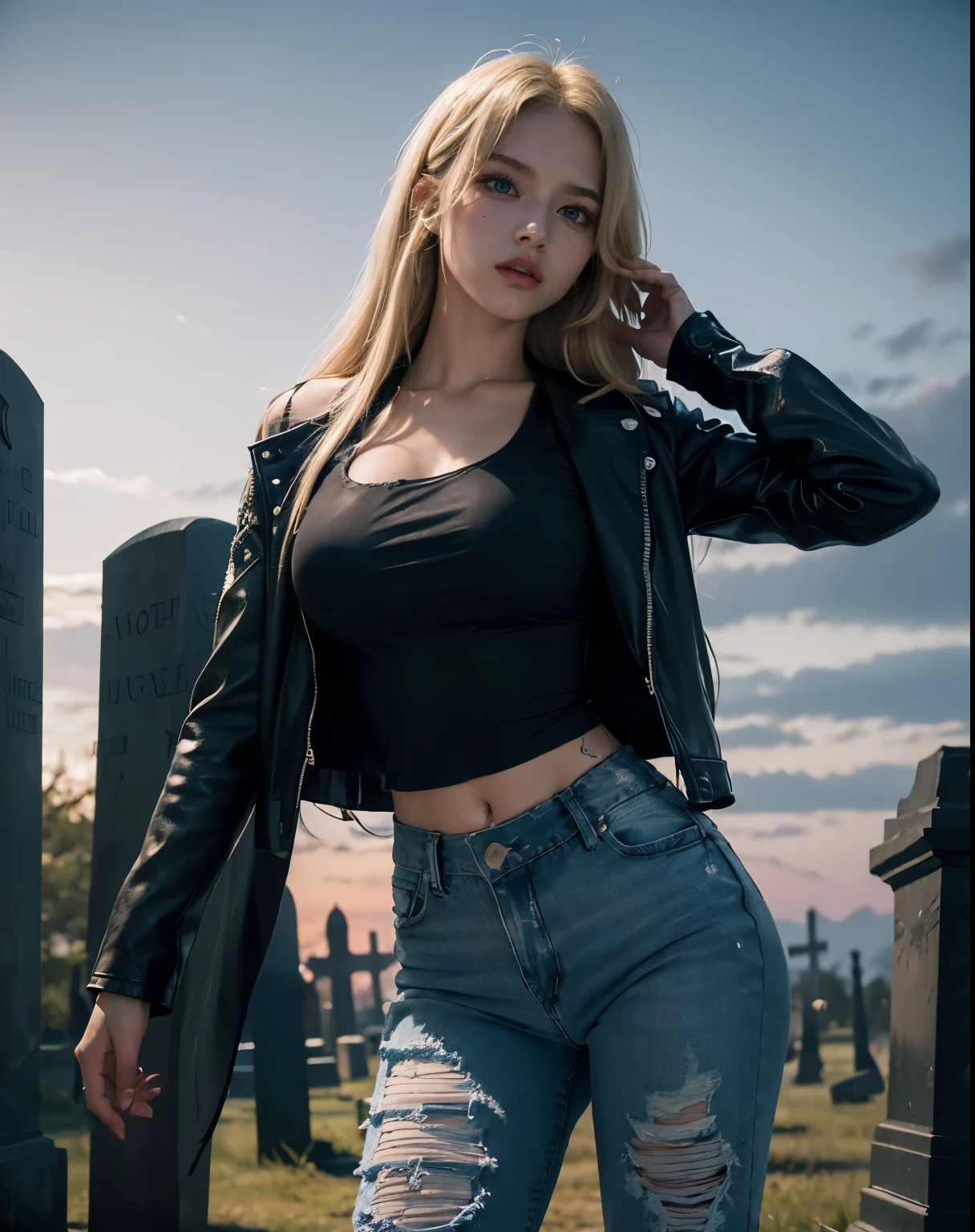1girl, (Blue Eyes), (serious face :1.2), (Sana Minatozaki), (beautiful makeup :1.2), wide hips, Big tits, big ass, (Best Quality, 8k, Masterpiece: 1.3), Clear Focus: 1.2, Perfect Body Beauty: 1.4, Highly detailed face and skin texture, detailed eyes, double eyelids, (blond long hair :1.2), (white tanktop :1.2), (ripped jeans :1.3), (black long leather overcoat), standing, dynamic pose, (in a scary cemetery at night :1.3), ((dark night :1.2)), darkness, ((abandoned tombstones :1.1)), dry trees, full moon in the background