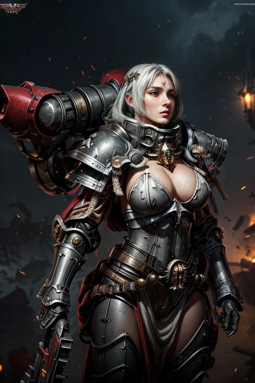 mechanized valkyrie girl, like lady mechanika, holy cyborg necromancer girl, armor girl, bikini armor female knight, mechanized soldier girl, female mecha, female paladin, mighty princess of the wasteland, 1girl, solo, portrait, face, long hair, large breasts, cleavage, bikini armor, iron armor, iron warrior, Adeptus Sororitas, chevron, hazards, warhammer, warhammer 40k, Warhammer fantasy art, warhammer 40k style, WH40K, w 4 0 k, warhammer art,