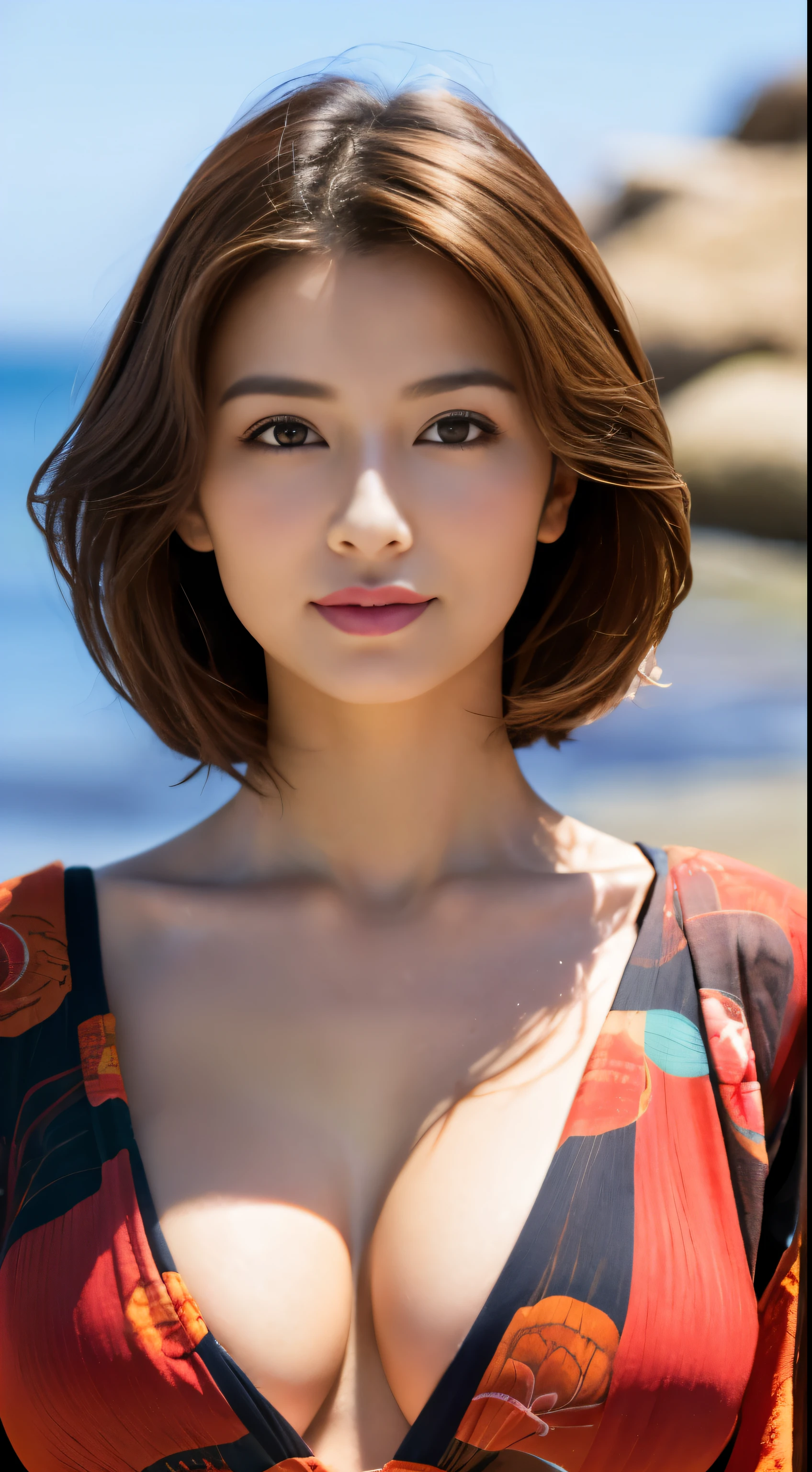 obra de arte、Mais alta qualidade、high resolution、tampo da mesa、Papel de parede、realista、Bright lighting、professional lighting、luz facial、soft lighting、Mulher japonesa、mulher adulta、linda mulher、、modelado、gravure、sensual、Super lindo、pele bonita、Olhos lindos e detalhados、rosto detalhado、magro、seios grandes、decote 、cabelo curto、cabelo colorido morena、olhos castanhos、Olhe para a camera、kimono japanese、Japanese Yukata、Praia
