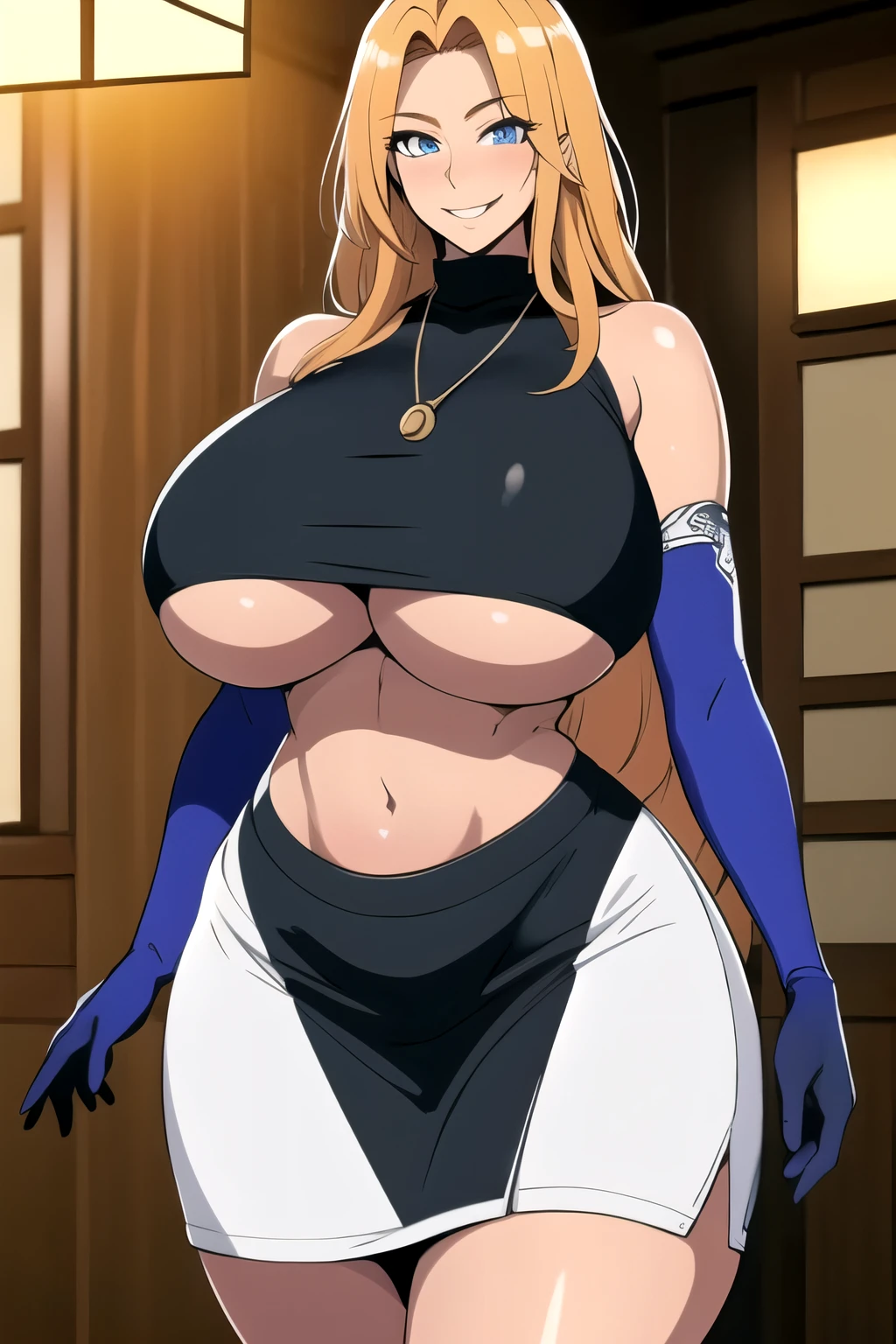 masterpiece, best quality, matsumoto rangiku, beautiful lighting, long hair, turtleneck, crop top, pencil skirt, underboob, necklace, gigantic breasts, standing, looking at viewer, blue eyes, smile, japanese architecture, cowboy shot, shiny skin, gigantic breasts, curvy, seductive smile, bare shoulders, elbow gloves