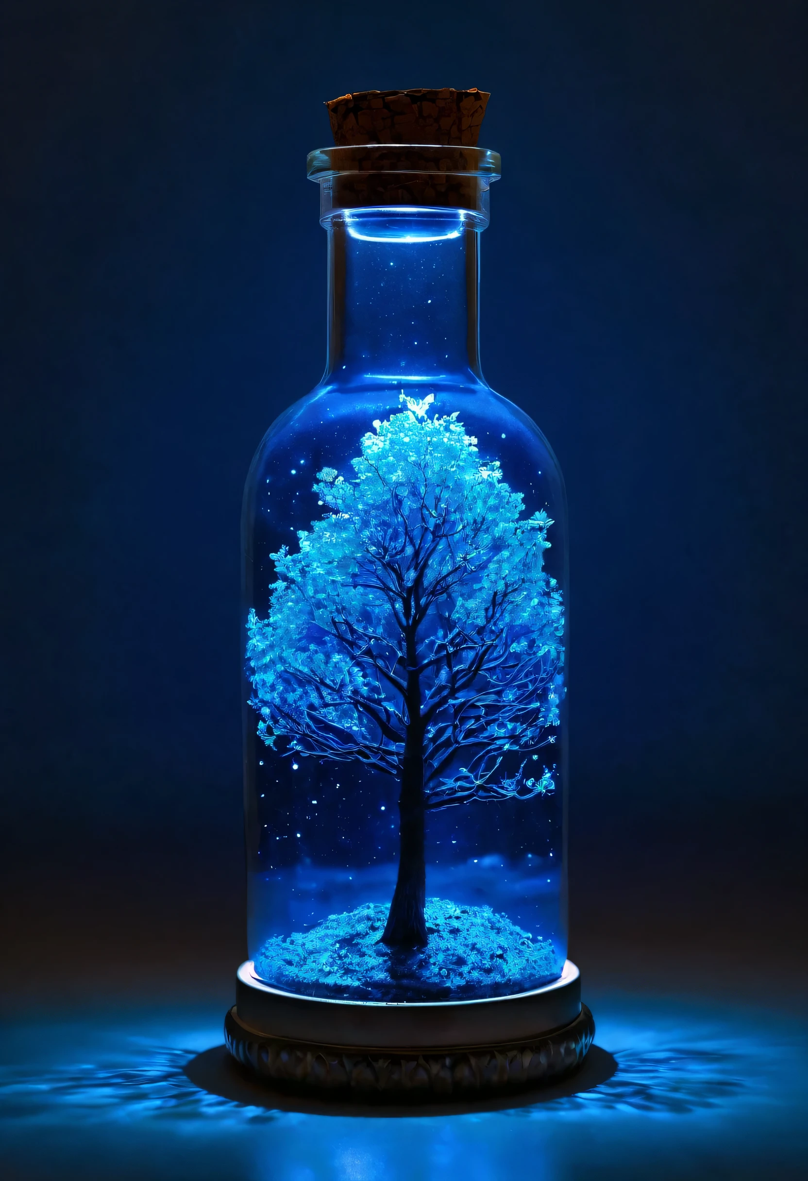 A Blue Glowing tree in a bottle