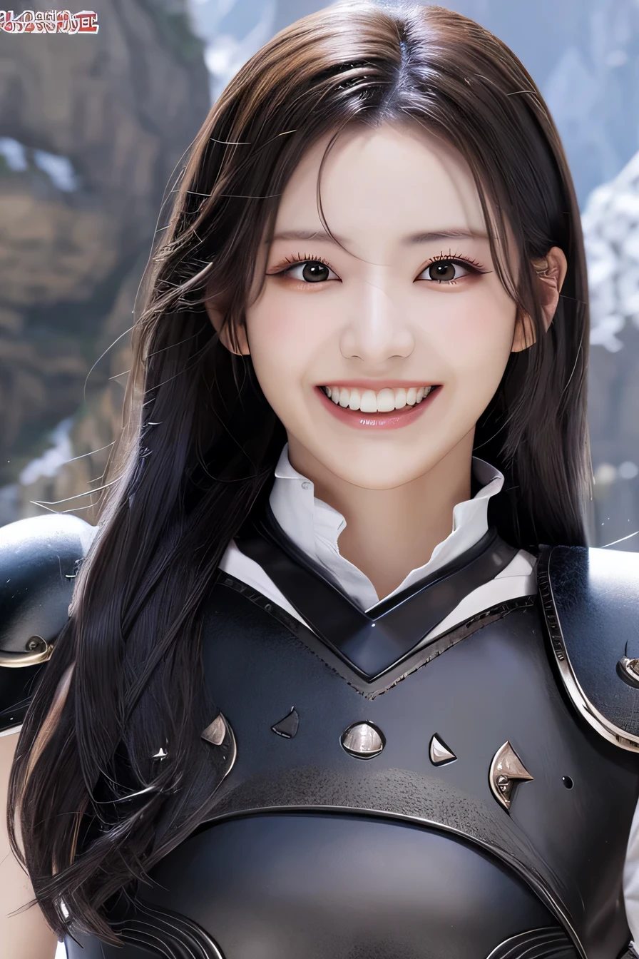 highest resolution, 4k, masterpiece: 1.3), japanese mature, women pictures, sexy, fine eyes, slender body shape, realistic teeth, double eyelid, full body, highest quality, become familiar with, equipped with armor, in a fantasy world, The background is a castle、black hair、smile、beautiful teeth