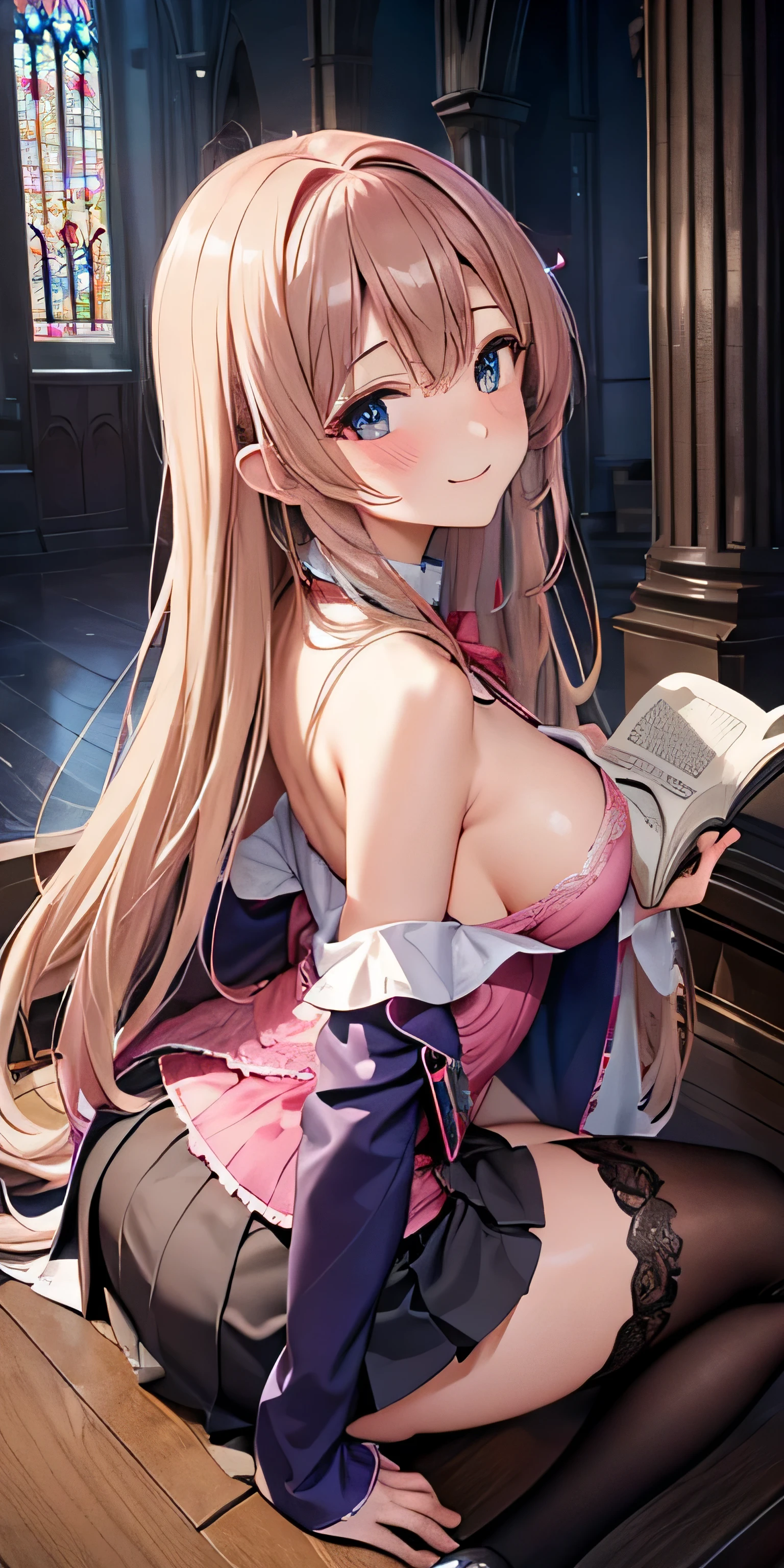 debris flies, highest quality, Highly detailed CG Unity 8K wallpaper, sexy witch , long dark blonde wavy hair、off shoulder knit, dark blue pleated skirt, stocking pedium chest, saggy breasts, Pose that emphasizes the chest, blush, shy smile, bare shoulders, (pink lace panties、pink good、spread your legs wide）、、nice magic book、church cathedral、Put your hand on the pillar and turn around、stick out your butt、、