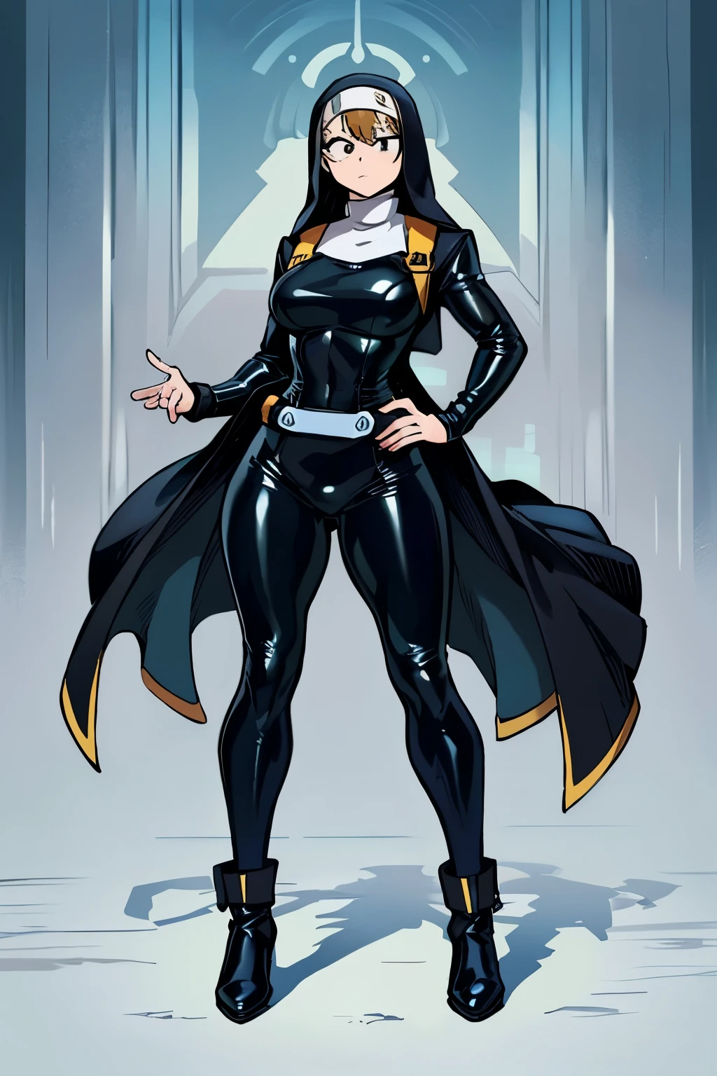 Izuku Midoriya, ((My Hero Academia Style)), genderbender, (full body photo:1.5), 1girl, beautiful female, nun, black tight latex catsuit with nun outfit, two leather belts on hip, latex body harness, beautiful make up, best quality, masterpiece, ((Perfect anatomy)), ((perfect hands)), ((super detailed)), (wide hips), (wide thighs), (medium breasts),