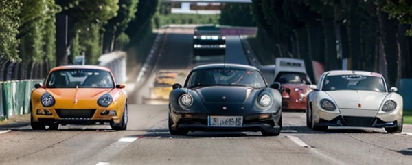 a dynamic image featuring Porsches in full race. I would like cars to be depicted in a striking way, with a strong feeling of speed and adrenaline.

De plus, j'aimerais que chaque voiture arbore une plaque d'immatriculation personnalisée portant l'inscription "COCO". This plate should be clearly visible and integrated naturally into the image.

Ideally, la bannière devrait capturer l'essence de la compétition automobile, avec des couleurs vives et un fond qui évoque un circuit de course.