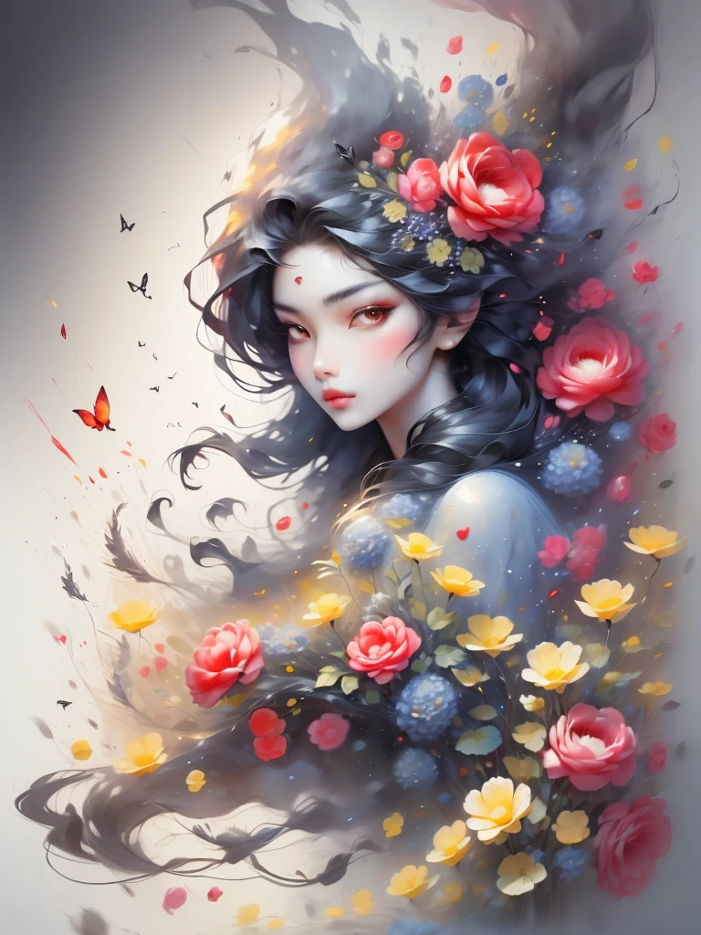 pencil Sketch of a beautiful asian woman 20 years old, with black long  hair, messy hair, alluring, portrait by Charles Miano, ink drawing, illustrative art, soft lighting, detailed, more Flowing rhythm, elegant, low contrast, add soft blur with thin line, full red lips, black eyes, yellow clothes.