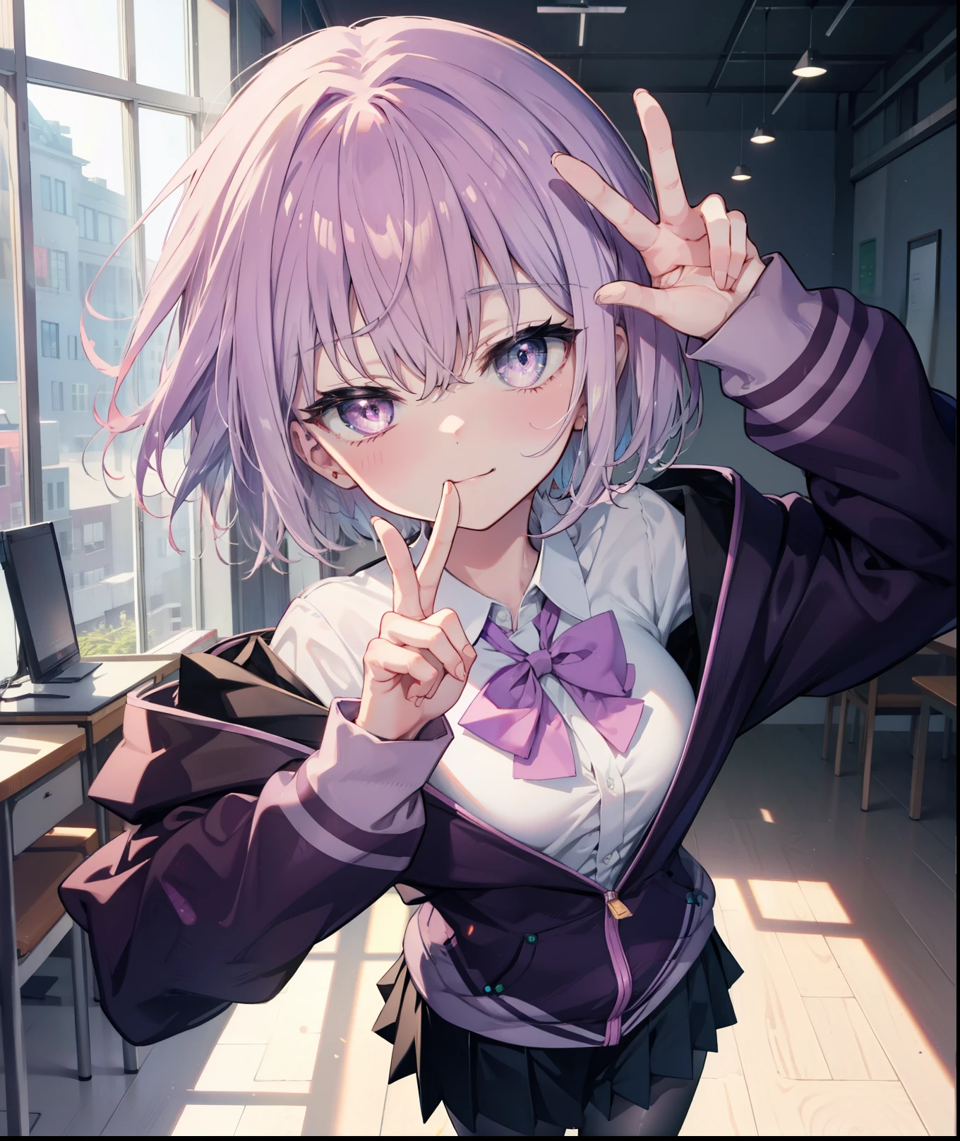 akaneshinjou, shinjou akane, light purple hair, (pink eyes:1.2), short hair,Akabu glasses,put your hand over your mouth,Peace sign at the mouth,happy smile, smile, open your mouth,break black pantyhose, bow, collared shirt, hood, hooded Jacket, Jacket, open clothes, open Jacket, open shirt, pantyhose, purple bow, purple Jacket, , shirt, sleeves go over wrists, unbuttoned shirt, white shirt,brown loafers,足を組んで椅子に座っている
break indoors, classroom,
break looking at viewer, break (masterpiece:1.2), highest quality, High resolution, unity 8k wallpaper, (figure:0.8), (detailed and beautiful eyes:1.6), highly detailed face, perfect lighting, Very detailed CG, (perfect hands, perfect anatomy),