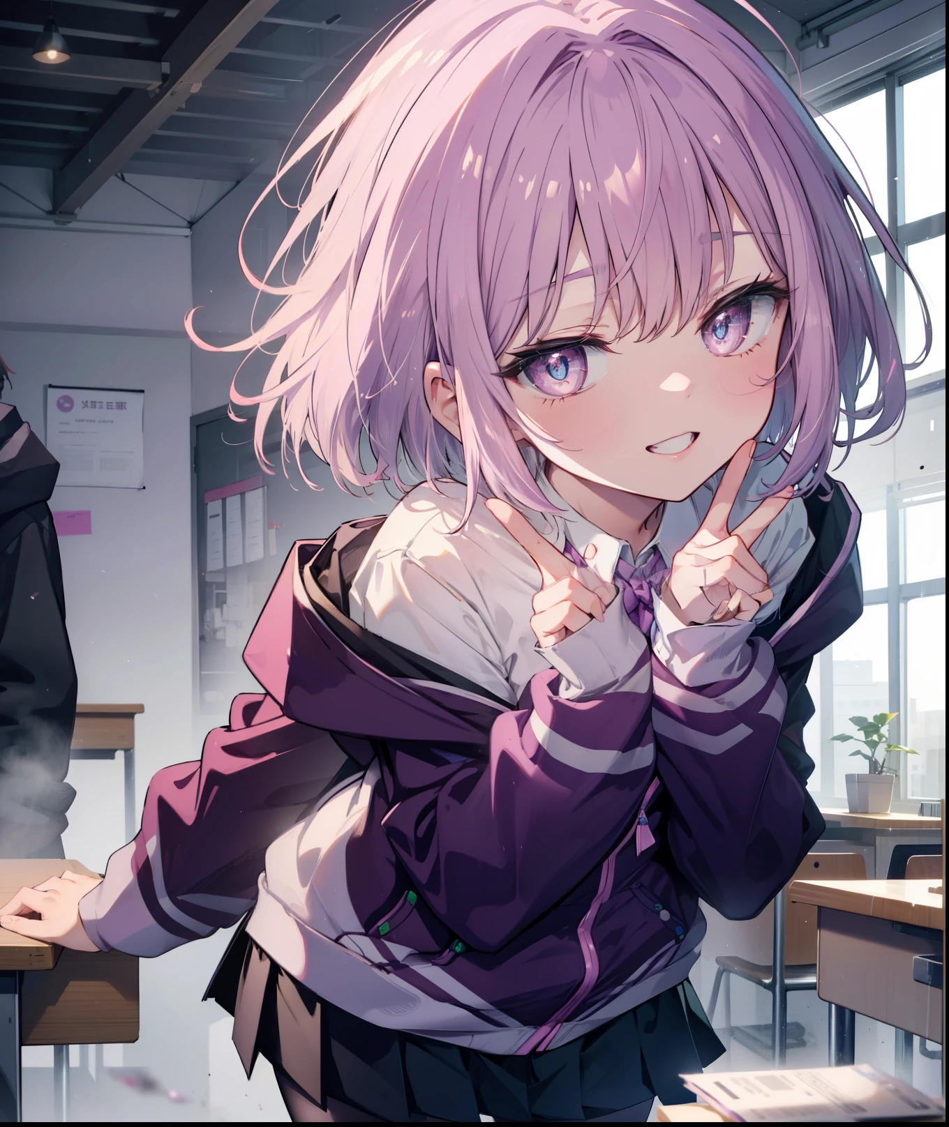akaneshinjou, shinjou akane, light purple hair, (pink eyes:1.2), short hair,Akabu glasses,put your hand over your mouth,Peace sign at the mouth,happy smile, smile, open your mouth,break black pantyhose, bow, collared shirt, hood, hooded Jacket, Jacket, open clothes, open Jacket, open shirt, pantyhose, purple bow, purple Jacket, , shirt, sleeves go over wrists, unbuttoned shirt, white shirt,brown loafers,足を組んで椅子に座っている
break indoors, classroom,
break looking at viewer, break (masterpiece:1.2), highest quality, High resolution, unity 8k wallpaper, (figure:0.8), (detailed and beautiful eyes:1.6), highly detailed face, perfect lighting, Very detailed CG, (perfect hands, perfect anatomy),