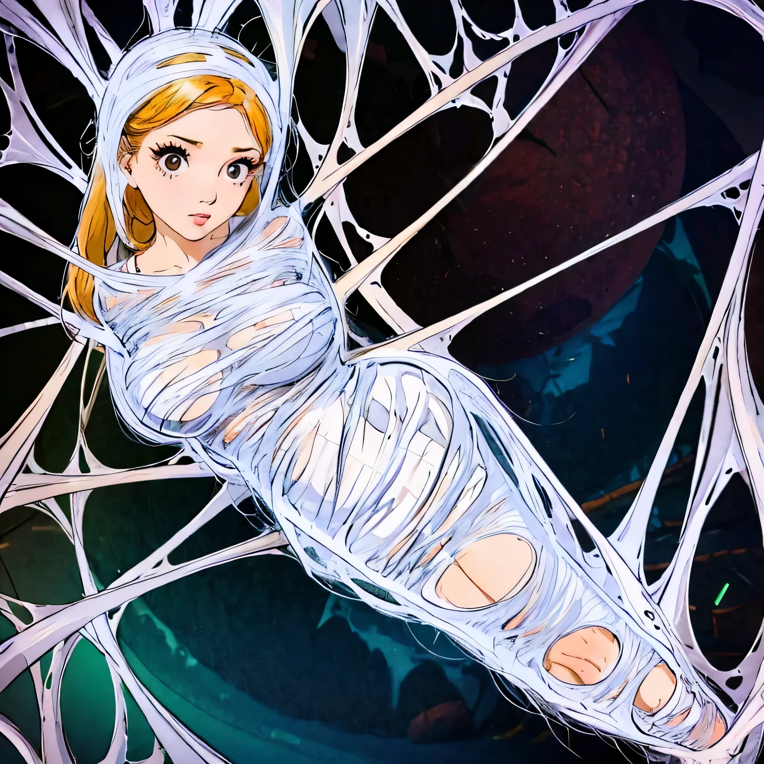 a girl trapped in the net in nightgown 