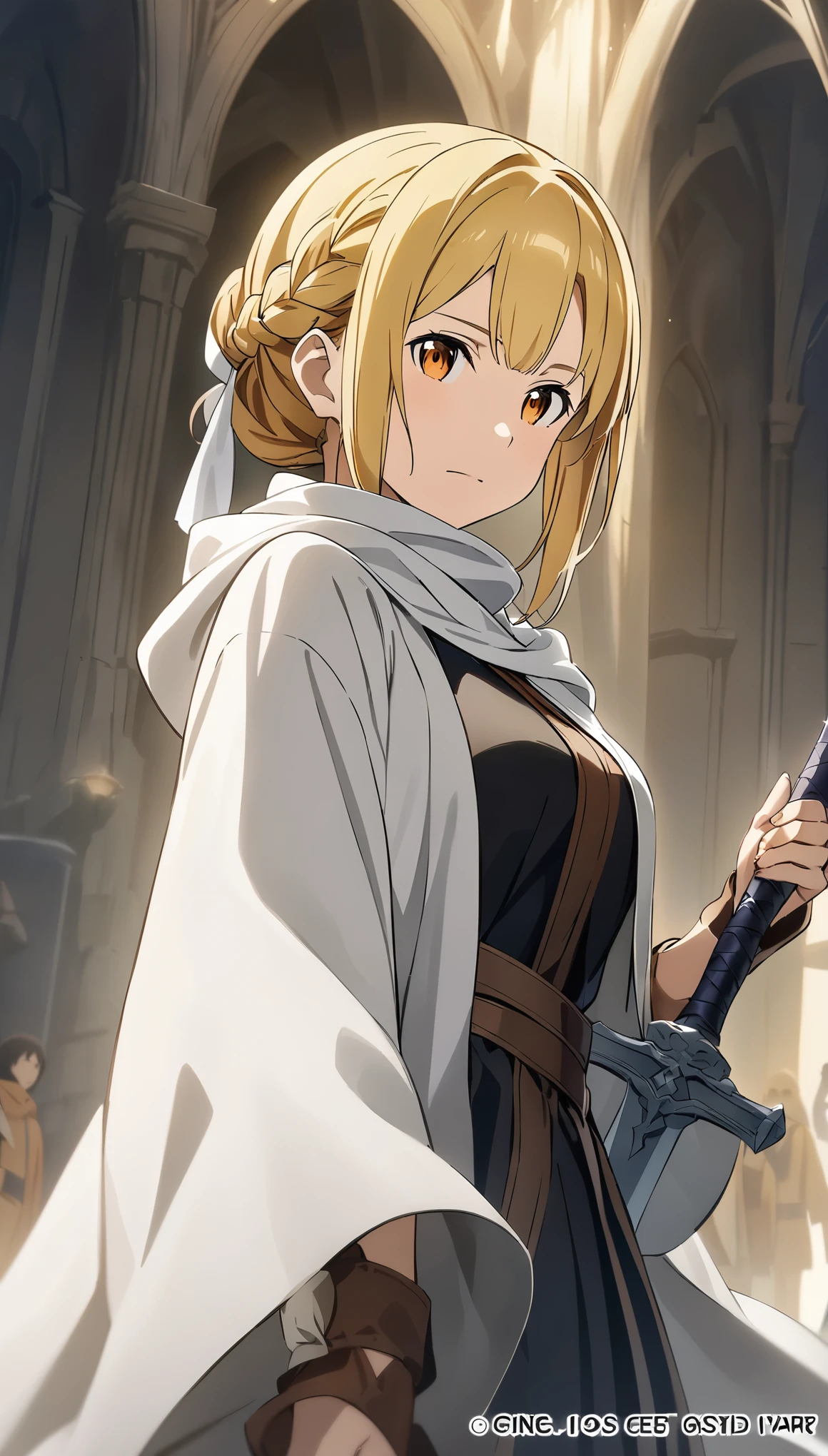 one woman、Also々new look、Alsoとした表情、cold look、medieval monk、pure white battle uniform、blonde、french braid、have a sword、white cloak、Sword Art Online、(masterpiece, highest quality, highest quality, official art, beautiful and aesthetic:1.2)