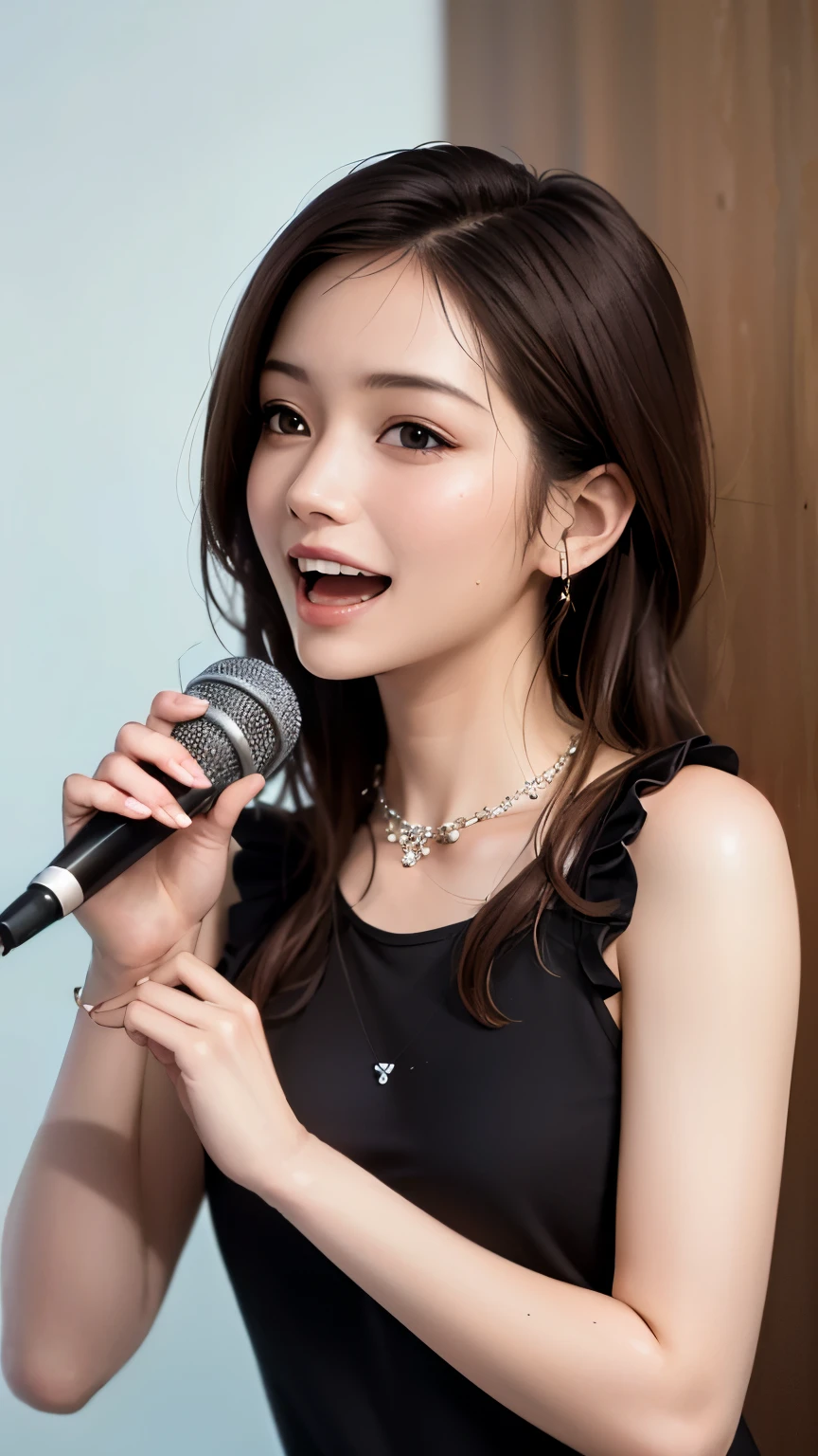 (highest quality、8K、32k、masterpiece)、(realistic)、(Photoreal:1.2)、(High resolution)、Super detailed、very beautiful face and eyes、1 girl、round and small face、thin waist、delicate body、(close、highest quality、high detail、Rich skin details)、(highest quality、8K、oil paint:1.2)、Super detailed、(realistic、realistic:1.37)、bright colors、(((brown hair)))、(((bust shot)))、(((long hair)))、(((pure white wall background)))、(((pure white wall background)))、(((I&#39;m a diva)))、(((singing passionately)))、(((I&#39;m smiling)))、(((laughing)))、(((wearing a tank top with frills)))、(((looking straight ahead)))、(((brown hair)))、(((sweating)))、(((I have a microphone)))、(((teeth visible)))、(((Light blue and brown tank top is shining)))、(((wearing a star-shaped necklace)))、(((waiting for the microphone and singing)))