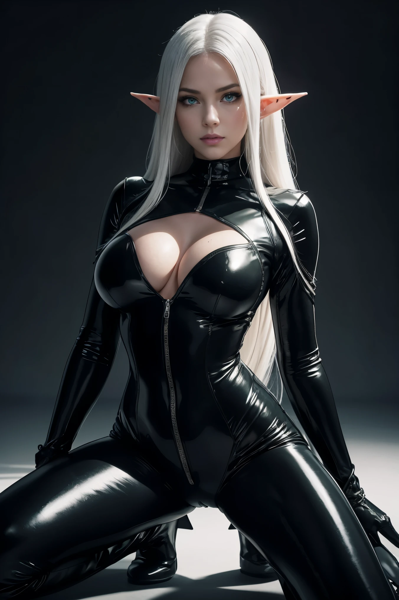 solo, super fine photo, portrait Unreal Engine 5 8K UHD of malicious gothic beautiful girl, sexy, elf, long White hair, Green eyes, crouching in a skin tight black latex outfit, sensual pose, slick black catsuit, black iconic character, smooth black skin, black body, PVC, some black, futuristic glossy latex suit, rubber suit, rubber belts, collar, rubber glove, rubber high boots, arm and leg cuffs, straps, best quality, masterpiece, official art, unified 8k wallpaper, super detailed, sharp focus, dynamic pose, body parts, no extra limbs, precisely anatomy