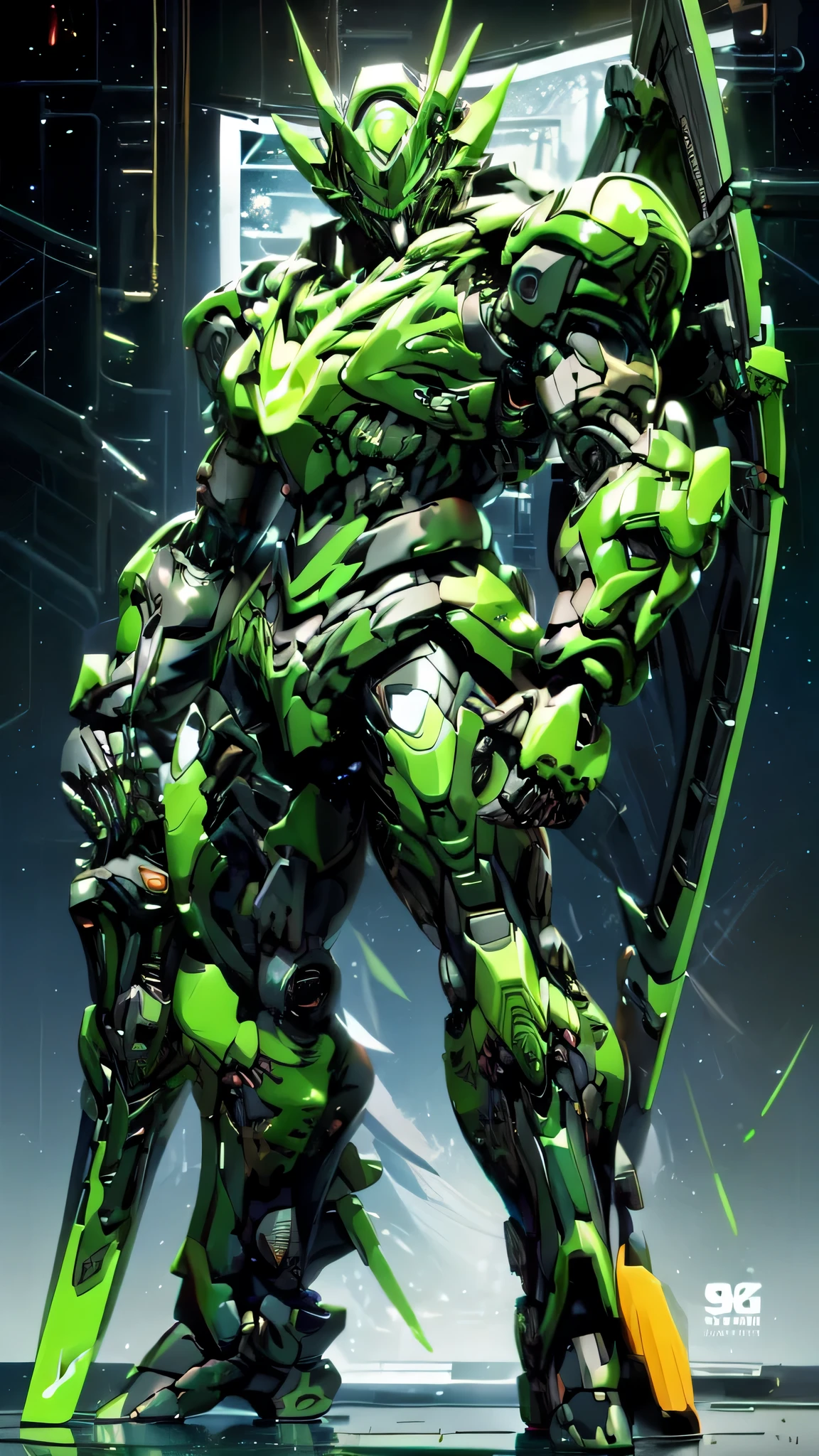 (sexy anime girl, masterpiece, best quality:1.3),extremely high detailed, intricate, 8k, HDR, wallpaper, cinematic lighting, (universe),(Mecha musume:1.3), glowing, black armor, glowing green eyes, mecha, black hair, ponytail, (large mechanical fairy wings:1.2), (black and green theme:1.4), (fairy, girl:1.2), (large breasts:1.1), (white background:1.3), (midriff, cleavage, pacific rim style helmet:1.2)