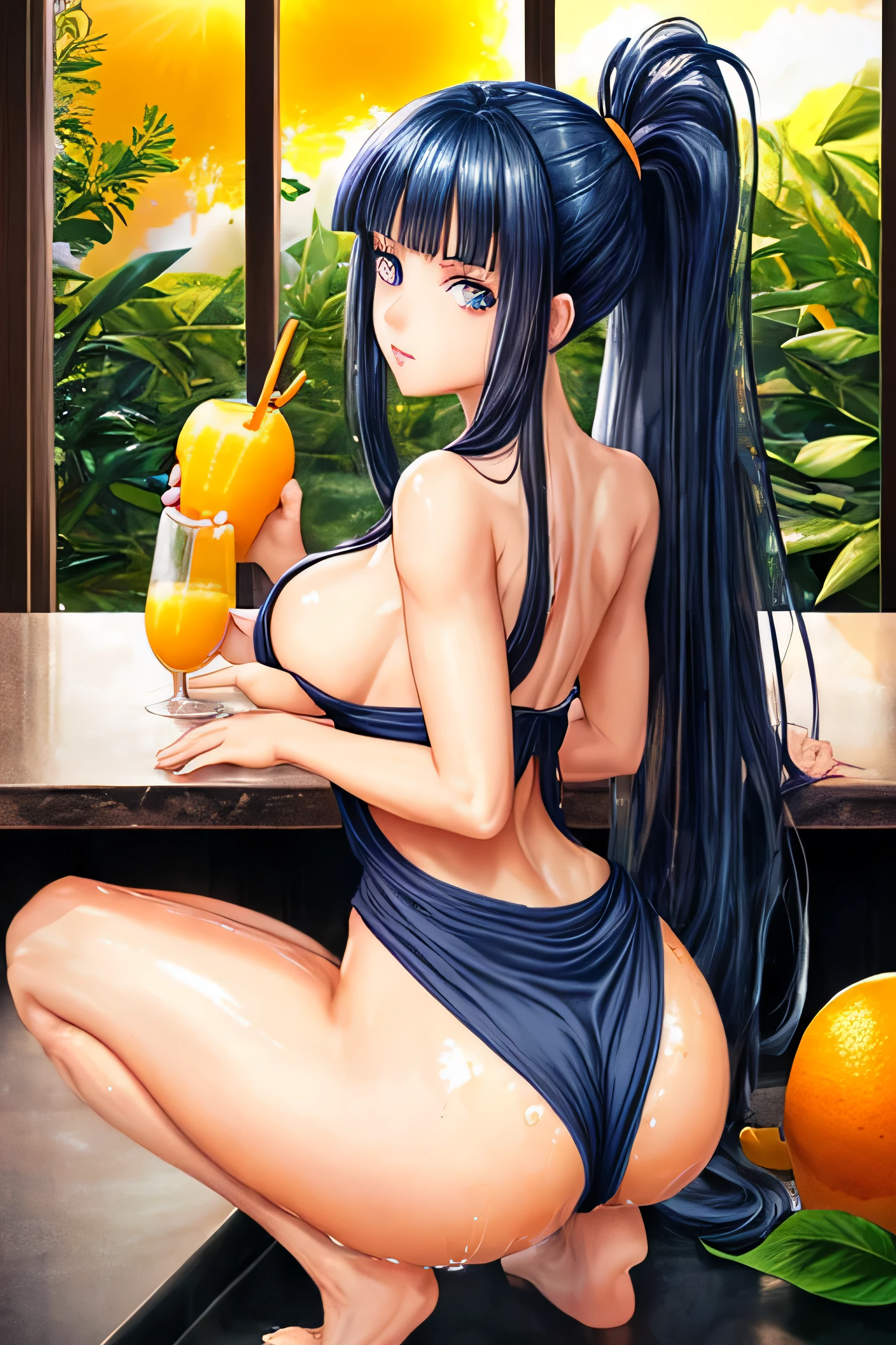High resolution, high quality, 1 girl, anime girl, dark blue hair,ponytail,long hair,dull bangs, dark blue eyes,[[pale skin]],Glossy skin, big breasts,beautiful breasts,(big ass),beautiful butt,pink high leg water wear,squat,arm behind head,(lemon juice),(orange juice),(mango juice),(water),at the cafe,