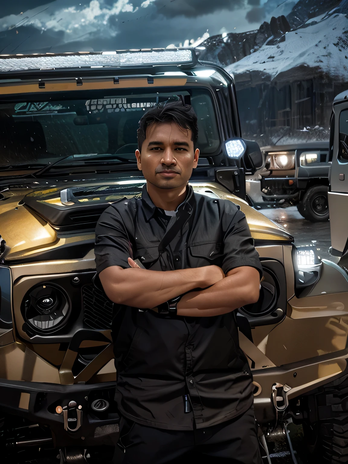 ultra detail, high resolution, ultra detailed, best quality, amazing, top quality, extremely detailed, 8k wallpaper, rain cloudy night, cyberpunk, dark boy, wear armor, ((in front of jeep rubicon)), ((jeep wrangler)), multicolor scheme, high key lighting, volumetric light, digital art, highly detailed, fine detail, intricate, ornate, complex, octane render, unreal engine, photorealistic