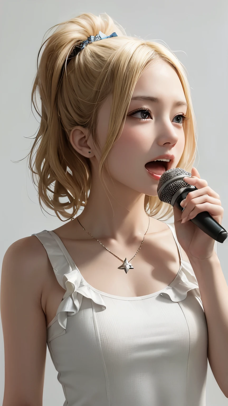 (highest quality、8K、32k、masterpiece)、(realistic)、(Photoreal:1.2)、(High resolution)、Super detailed、very beautiful face and eyes、1 girl、round and small face、thin waist、delicate body、(close、highest quality、high detail、Rich skin details)、(highest quality、8K、oil paint:1.2)、Super detailed、(realistic、realistic:1.37)、bright colors、(((blonde)))、(((bust shot)))、(((medium hair)))、(((pure white wall background)))、(((pure white wall background)))、(((Diva)))、(((Sing passionately)))、(((I&#39;laughing)))、(((laughter)))、(((Wearing a tank top with frills)))、(((look straight ahead)))、(((blonde)))、(((sweating)))、(((I have a microphone)))、(((teeth visible)))、(((White and gray stripes々Patterned tank tops stand out)))、(((Wearing a star-shaped necklace)))、(((waiting for the microphone and singing)))