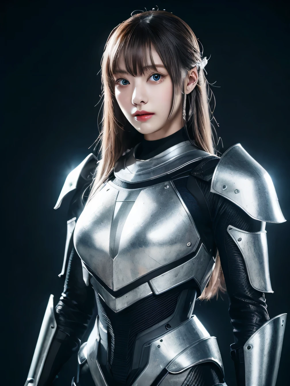 masterpiece, highest quality, High resolution, 8K, sports late, realistic pictures,（ Combining clothes with Korean fashion design），digital photography, full body esbian, 1. 16-year-old girl, (cyborg), Beautiful gray gradation long hair, blue eyes, Complex, very detailed, unclean，Metal Crown, black dress, ,Silver metal exoskeleton armor, Complex knight hollow armor,power armor, openwork design, Machine structure, photo pose, solemn,, red lips, .metallic texture, oc rendering，reflective texture, ((Clothing cutting)),black hair、smile、beautiful teeth、