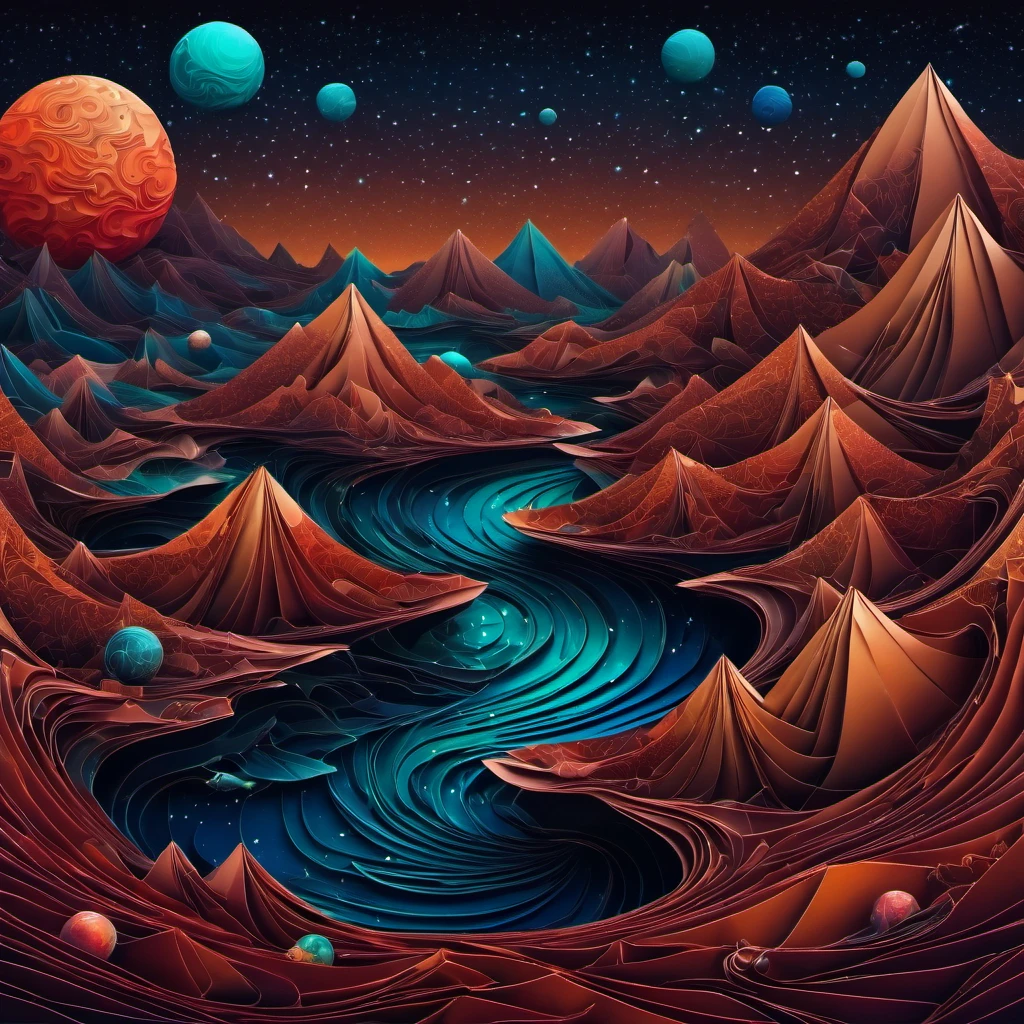 (best quality, highres, ultra sharp), magical alien landscape, mars, about the curvature of space time, origami sea, zentangle lines, art decostyle , full colored, 3d crunch, dark tones,