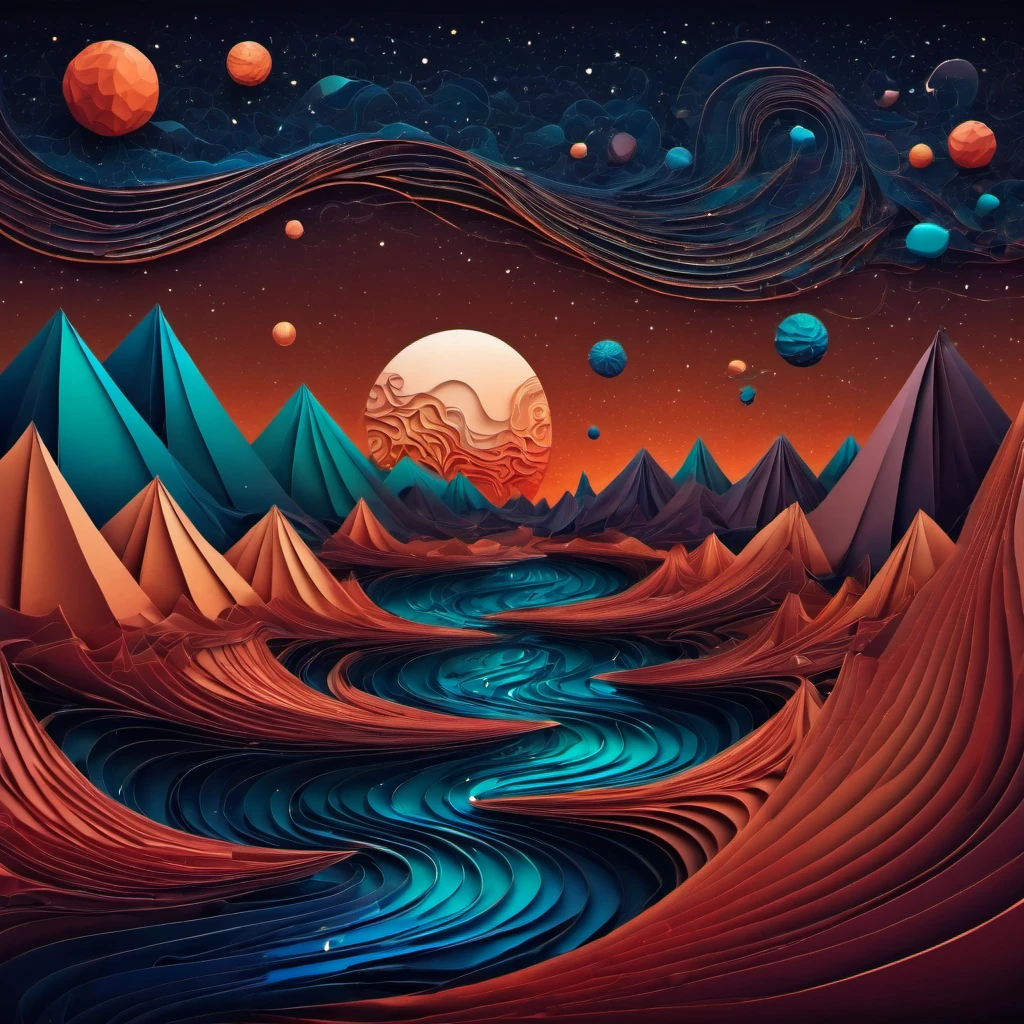 (best quality, highres, ultra sharp), magical alien landscape, mars, about the curvature of space time, round mountains, zentangle lines, art decostyle , full colored, 3d crunch, dark tones,